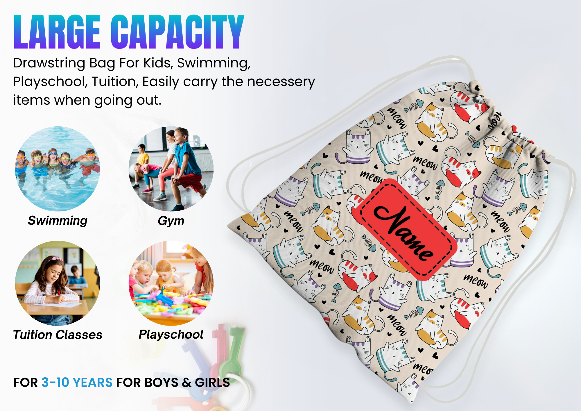 Baby of Mine Premium Waterproof Drawstring Backpack For Swimming Gym Yoga Tuition For 3-10 Years Girls And Boys - Meow Cat Print