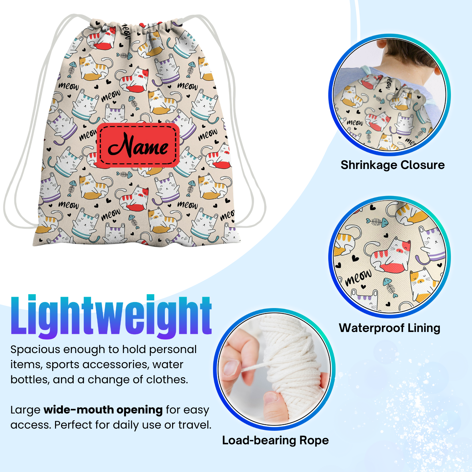 Baby of Mine Premium Waterproof Drawstring Backpack For Swimming Gym Yoga Tuition For 3-10 Years Girls And Boys - Meow Cat Print