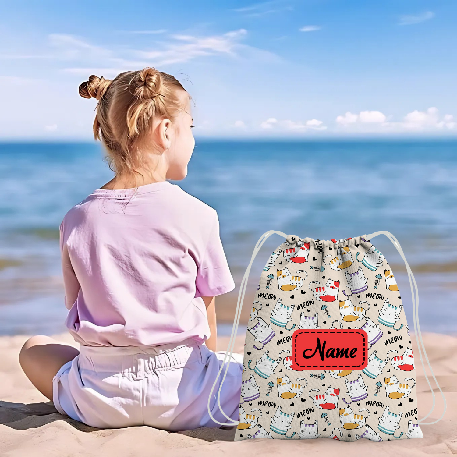 Baby of Mine Premium Waterproof Drawstring Backpack For Swimming Gym Yoga Tuition For 3-10 Years Girls And Boys - Meow Cat Print