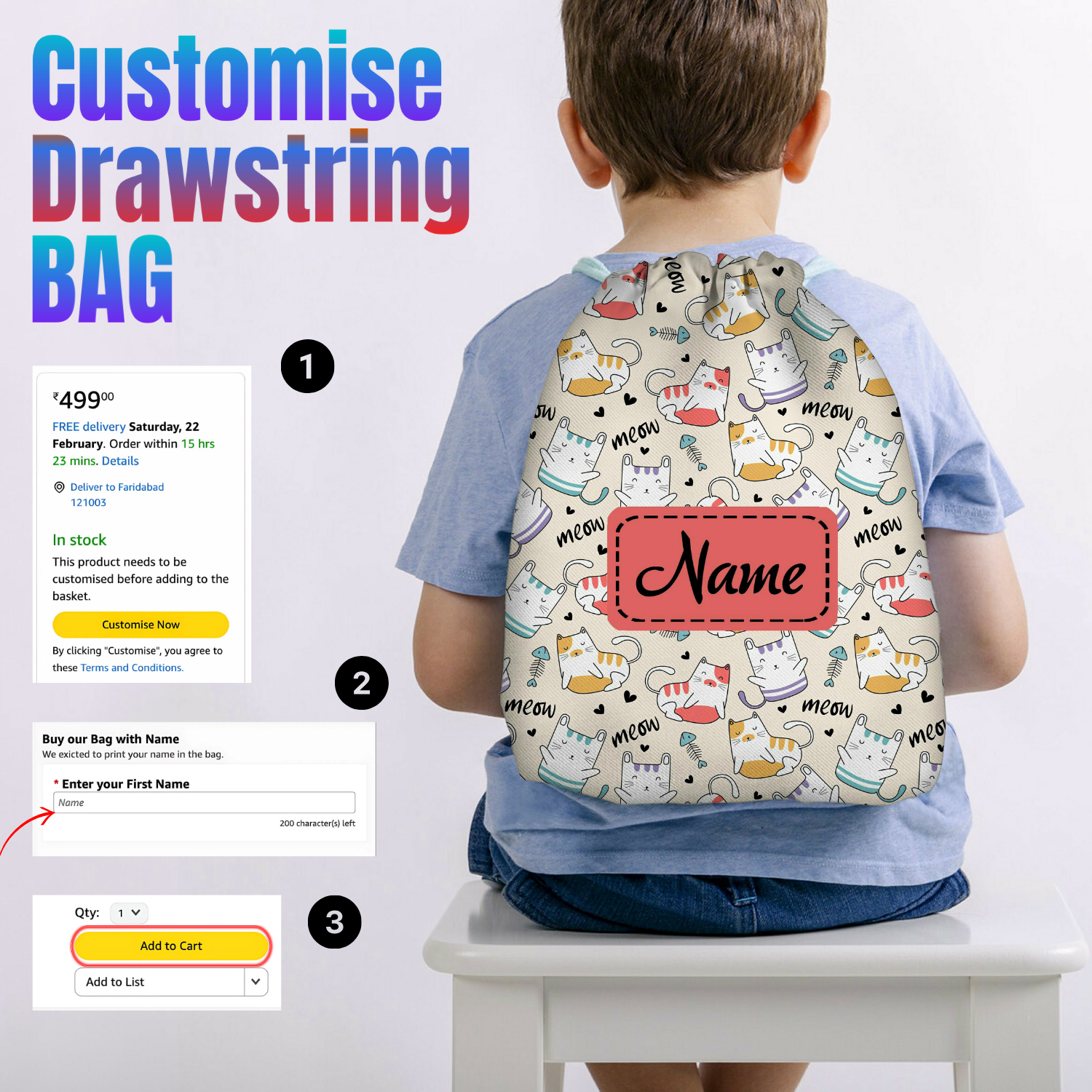 Baby of Mine Premium Waterproof Drawstring Backpack For Swimming Gym Yoga Tuition For 3-10 Years Girls And Boys - Meow Cat Print