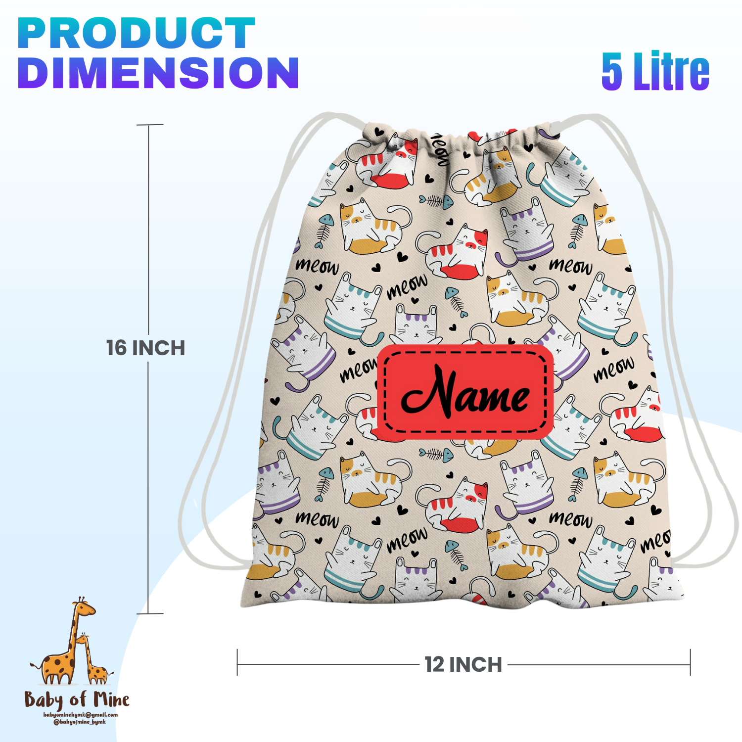 Baby of Mine Premium Waterproof Drawstring Backpack For Swimming Gym Yoga Tuition For 3-10 Years Girls And Boys - Meow Cat Print