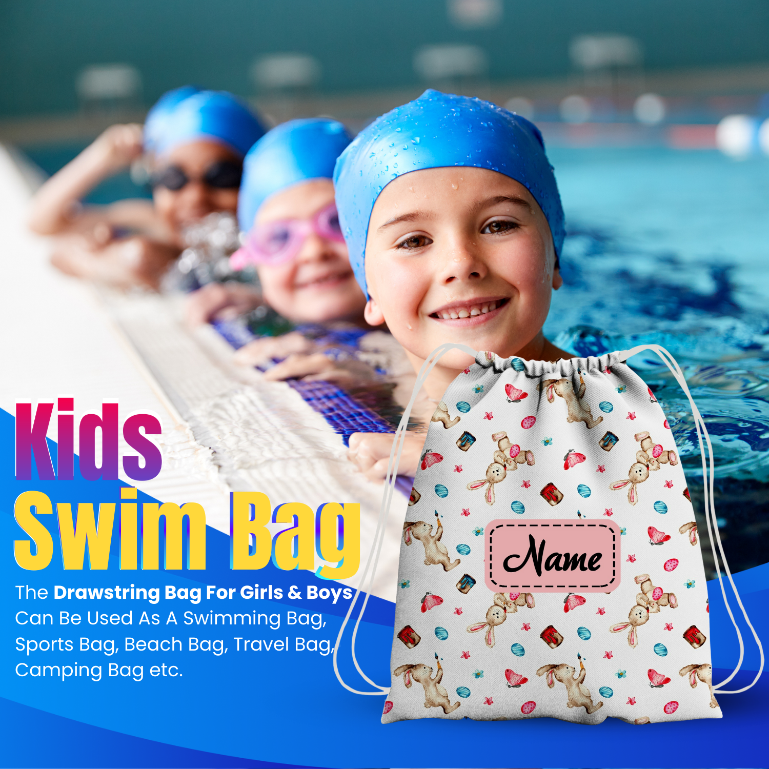 Baby of Mine Premium Waterproof Drawstring Backpack For Swimming Gym Yoga Tuition For 3-10 Years Girls And Boys - Painter Rabbit Print