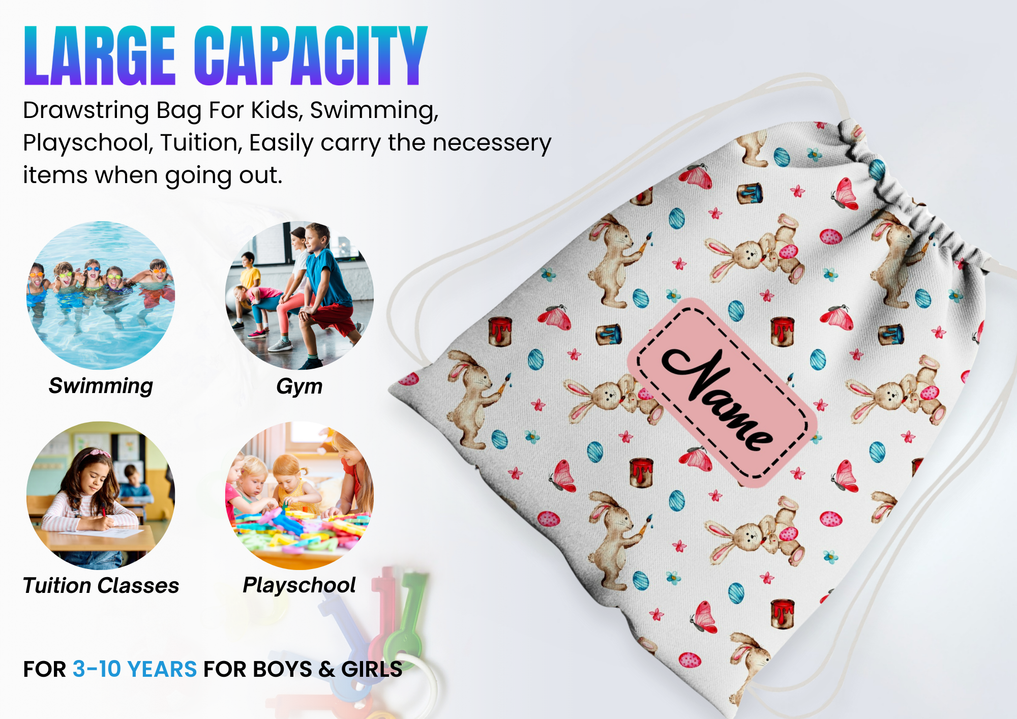 Baby of Mine Premium Waterproof Drawstring Backpack For Swimming Gym Yoga Tuition For 3-10 Years Girls And Boys - Painter Rabbit Print