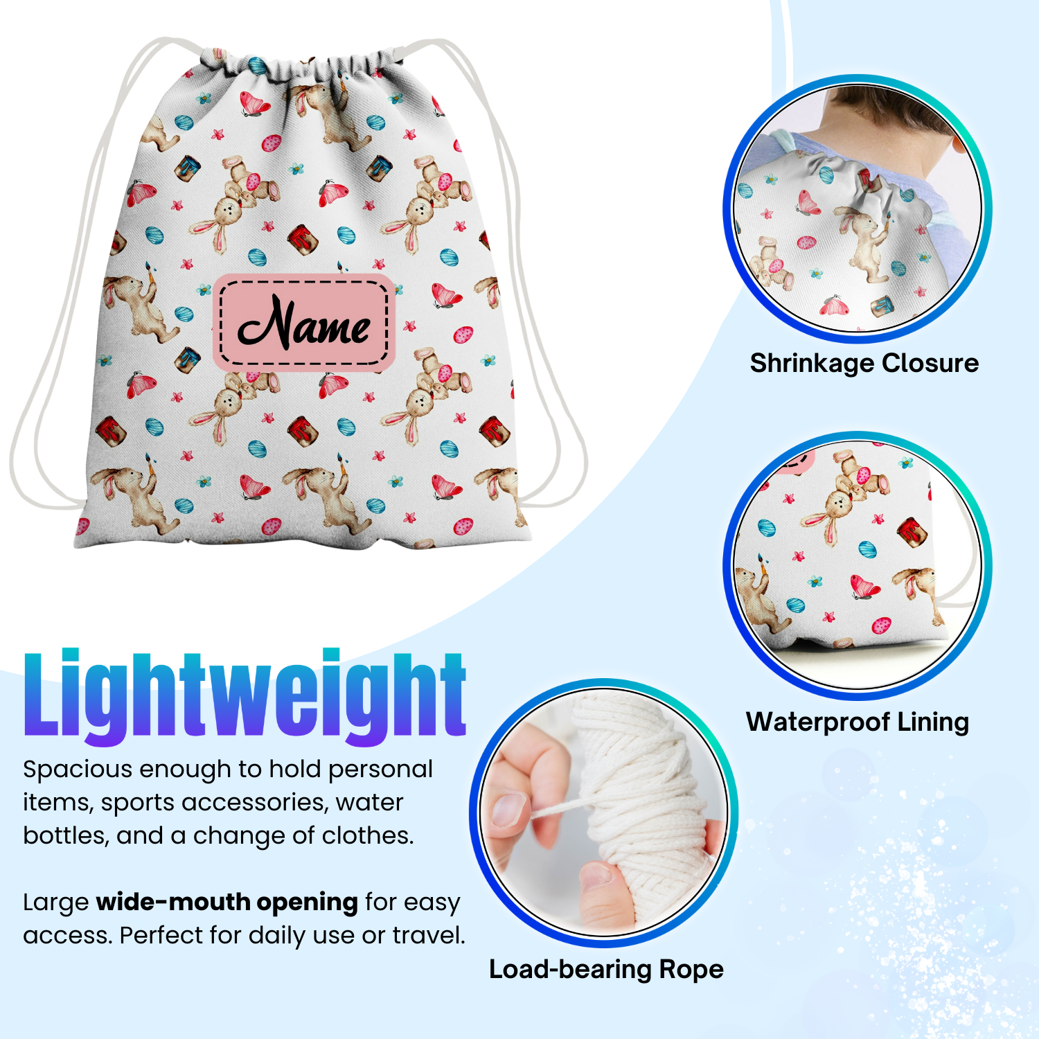 Baby of Mine Premium Waterproof Drawstring Backpack For Swimming Gym Yoga Tuition For 3-10 Years Girls And Boys - Painter Rabbit Print