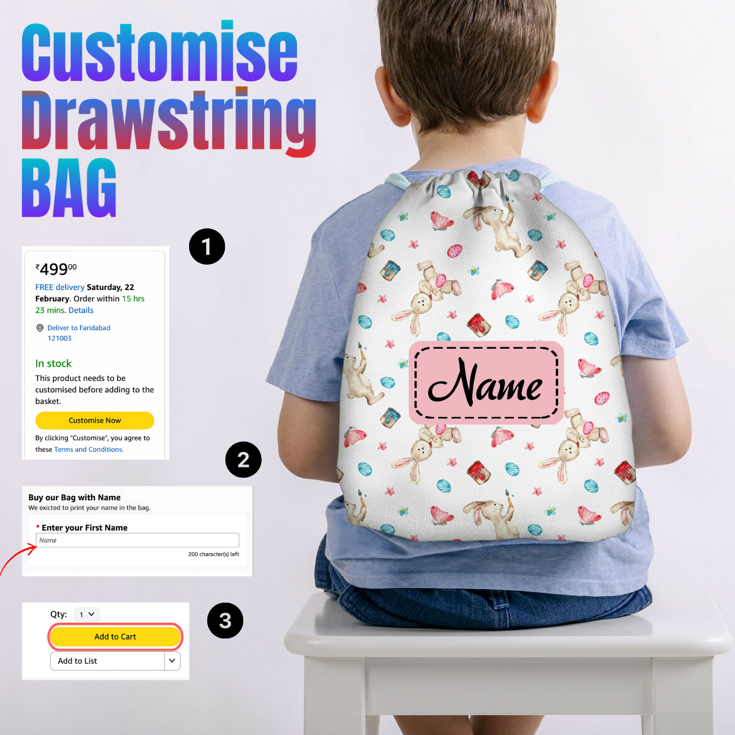 Baby of Mine Premium Waterproof Drawstring Backpack For Swimming Gym Yoga Tuition For 3-10 Years Girls And Boys - Painter Rabbit Print