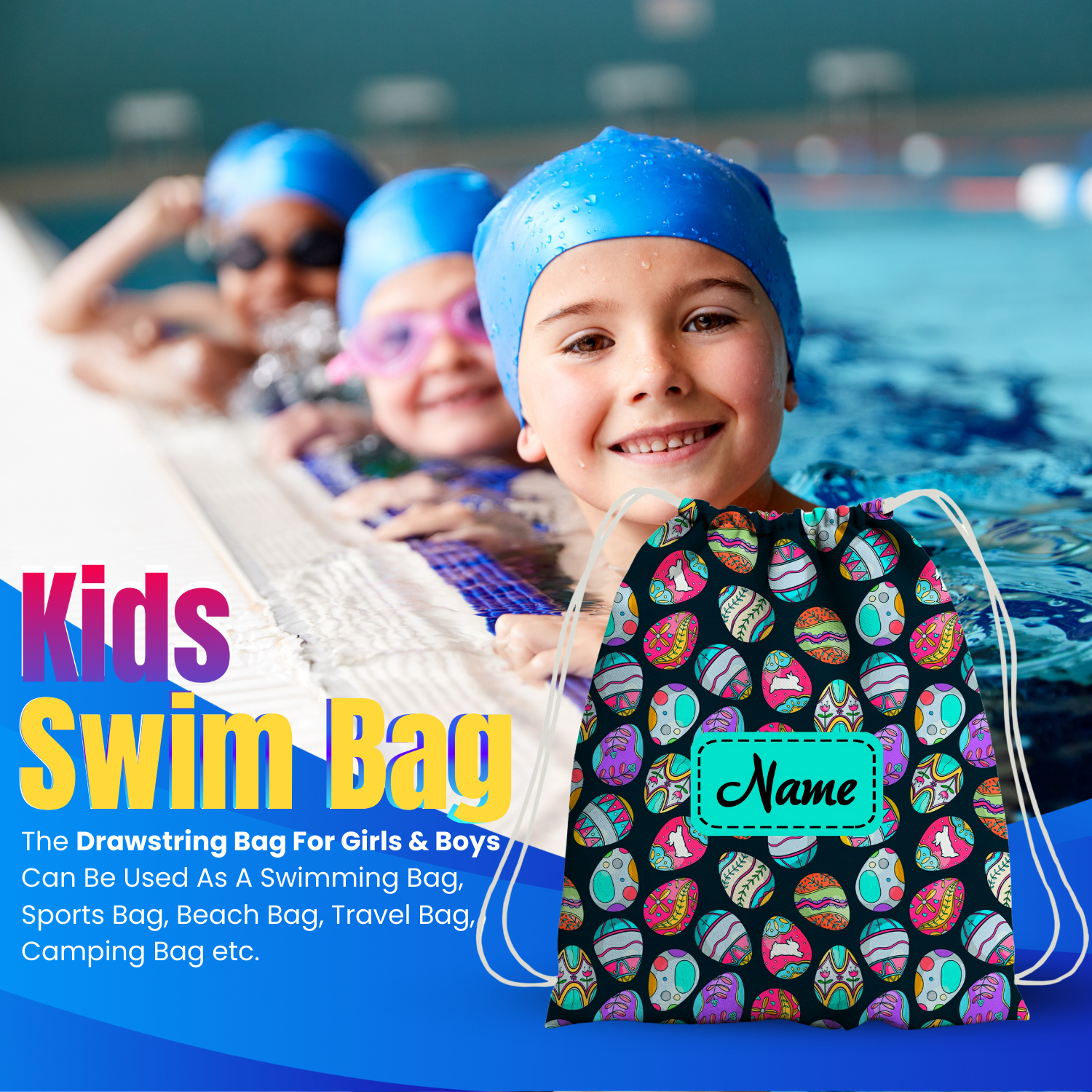 Baby of Mine Premium Waterproof Drawstring Backpack For Swimming Gym Yoga Tuition For 3-10 Years Girls And Boys - Colourful Pebbles Print