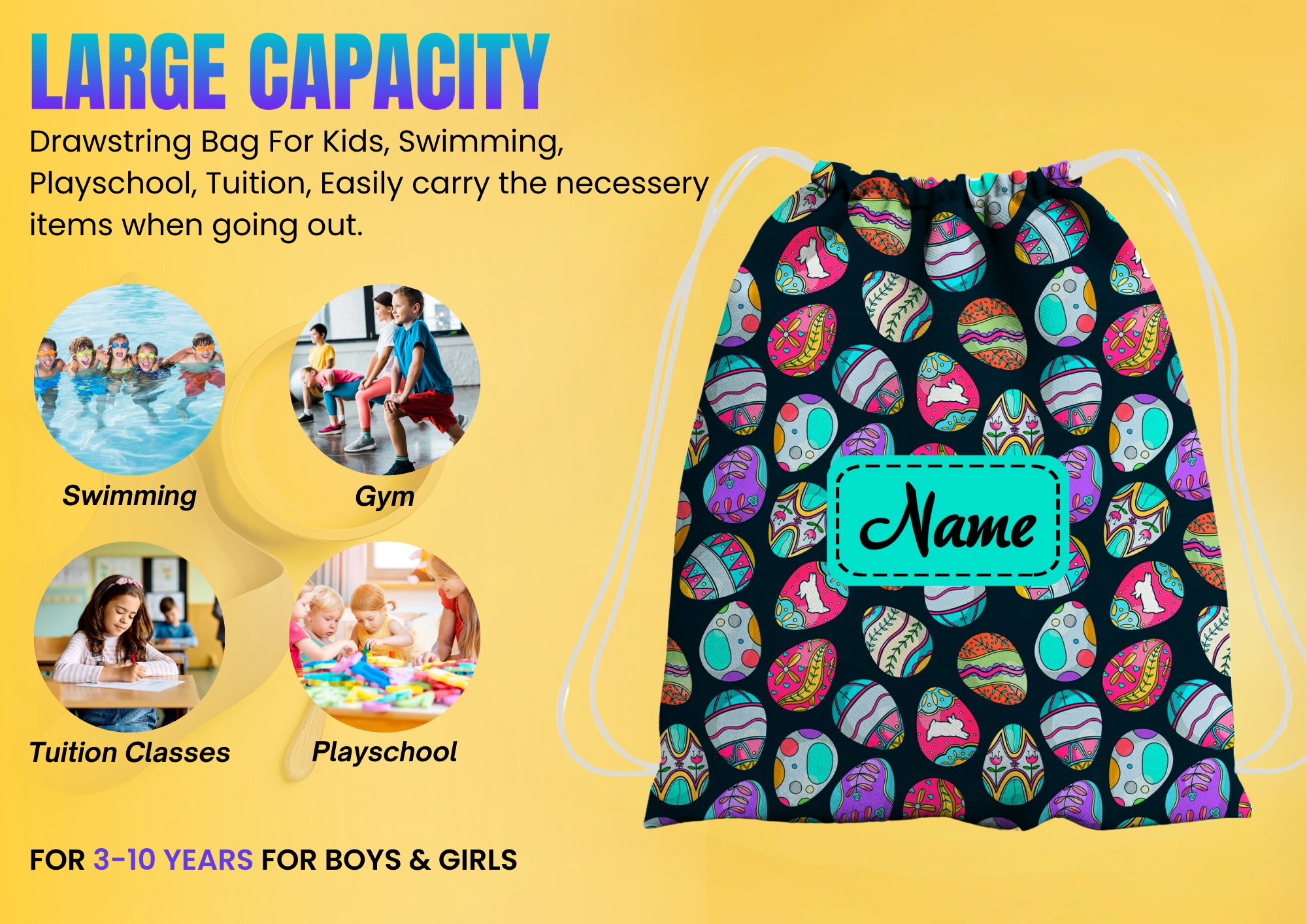 Baby of Mine Premium Waterproof Drawstring Backpack For Swimming Gym Yoga Tuition For 3-10 Years Girls And Boys - Colourful Pebbles Print