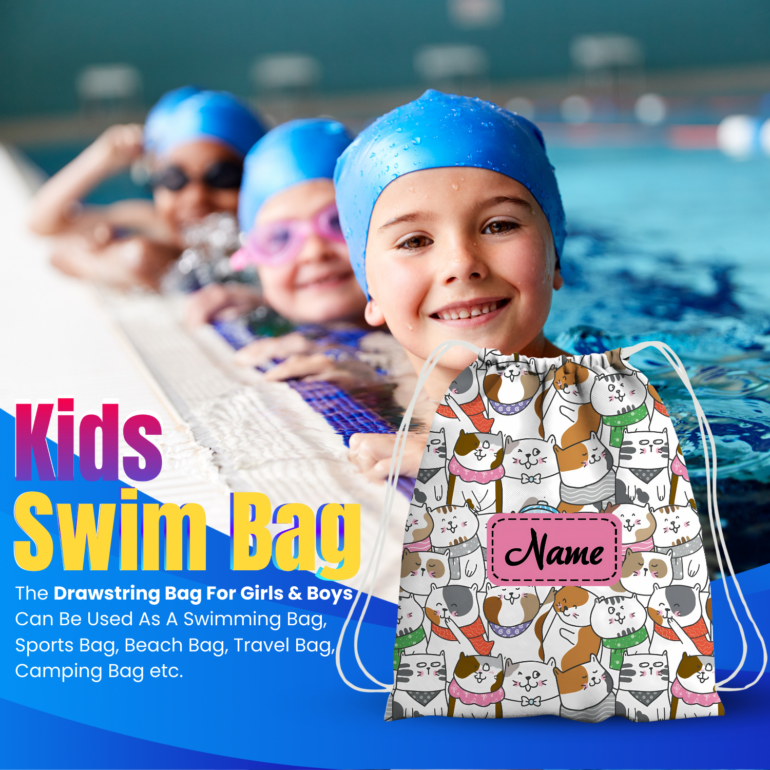 Baby of Mine Premium Waterproof Drawstring Backpack For Swimming Gym Yoga Tuition For 3-10 Years Girls And Boys - cat Collage Print