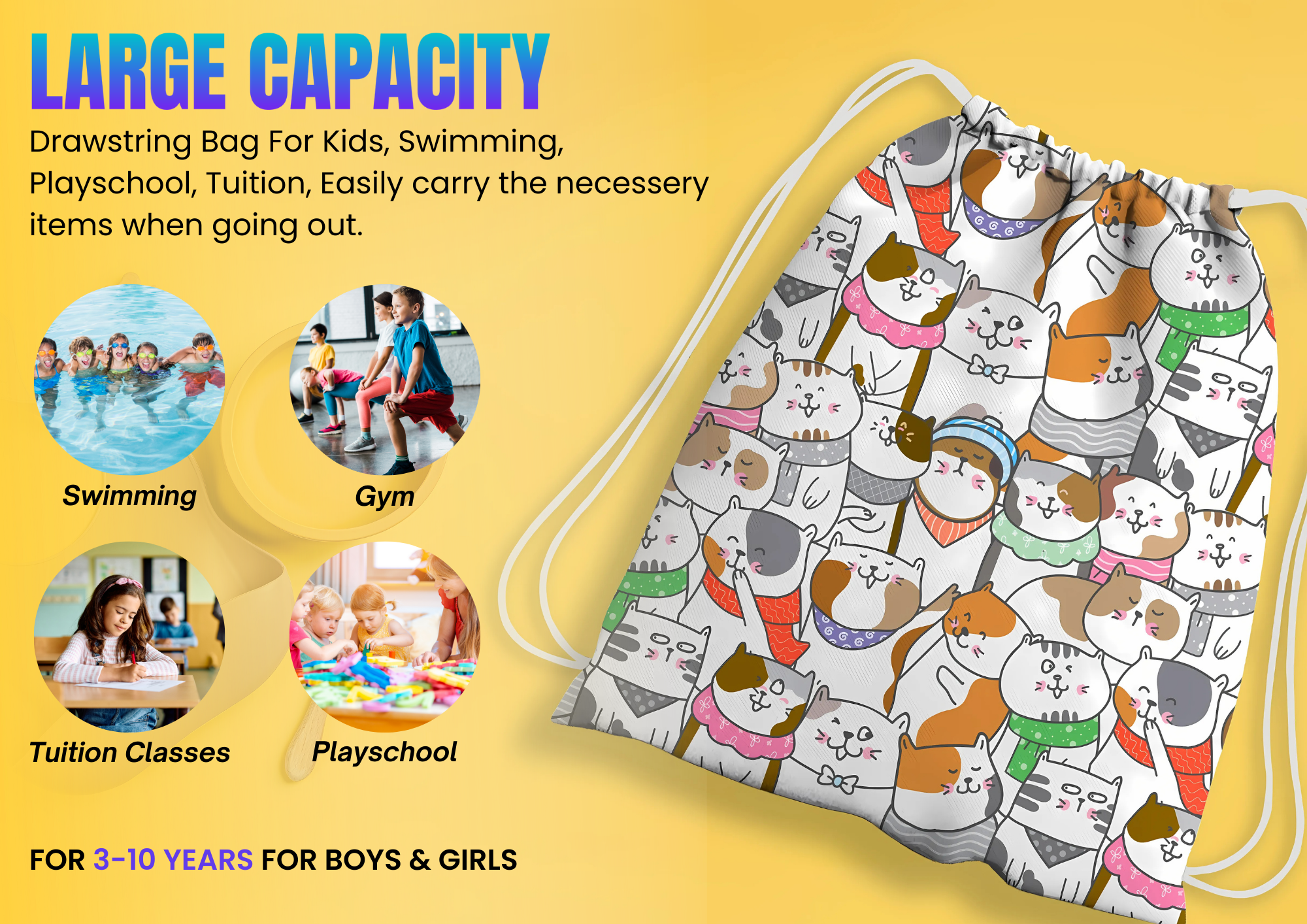 Baby of Mine Premium Waterproof Drawstring Backpack For Swimming Gym Yoga Tuition For 3-10 Years Girls And Boys - cat Collage Print