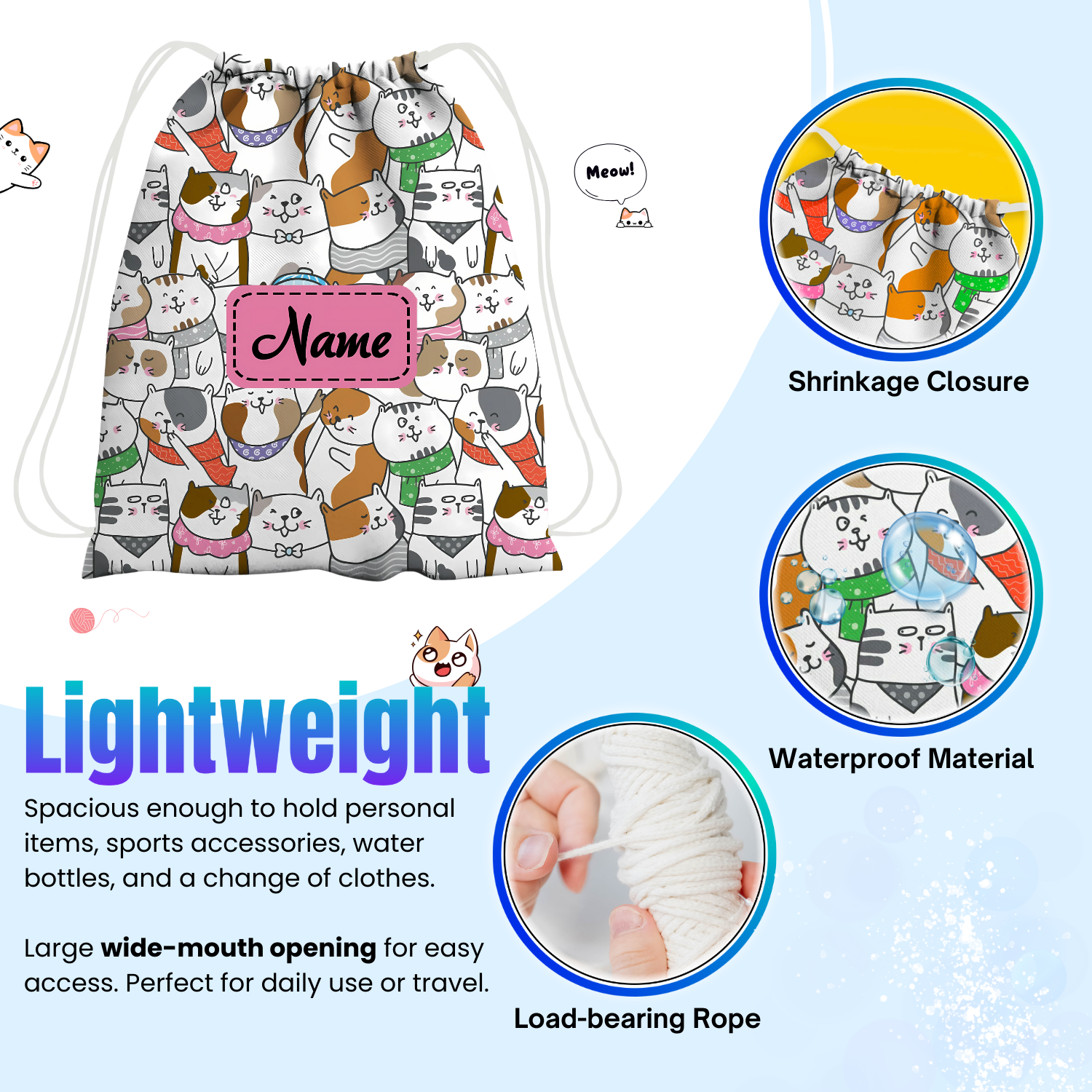 Baby of Mine Premium Waterproof Drawstring Backpack For Swimming Gym Yoga Tuition For 3-10 Years Girls And Boys - cat Collage Print