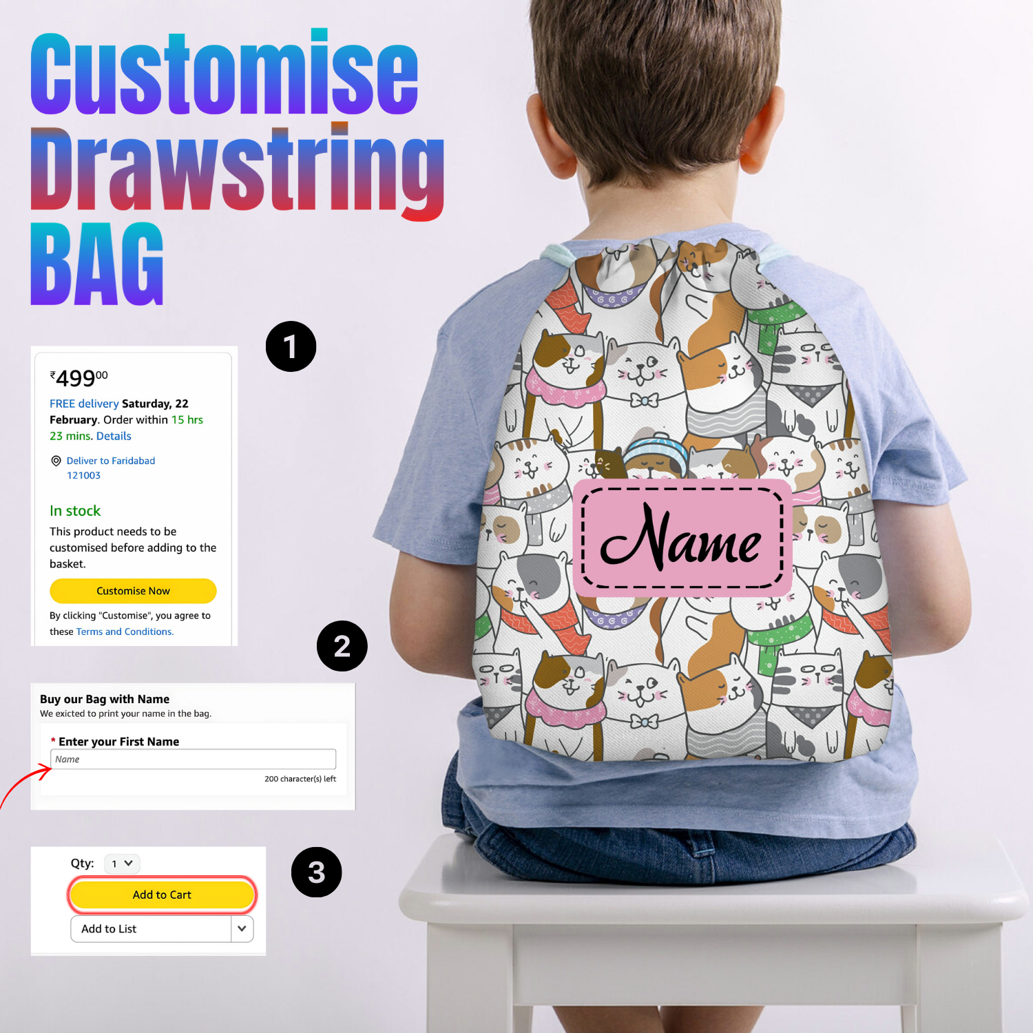 Baby of Mine Premium Waterproof Drawstring Backpack For Swimming Gym Yoga Tuition For 3-10 Years Girls And Boys - cat Collage Print