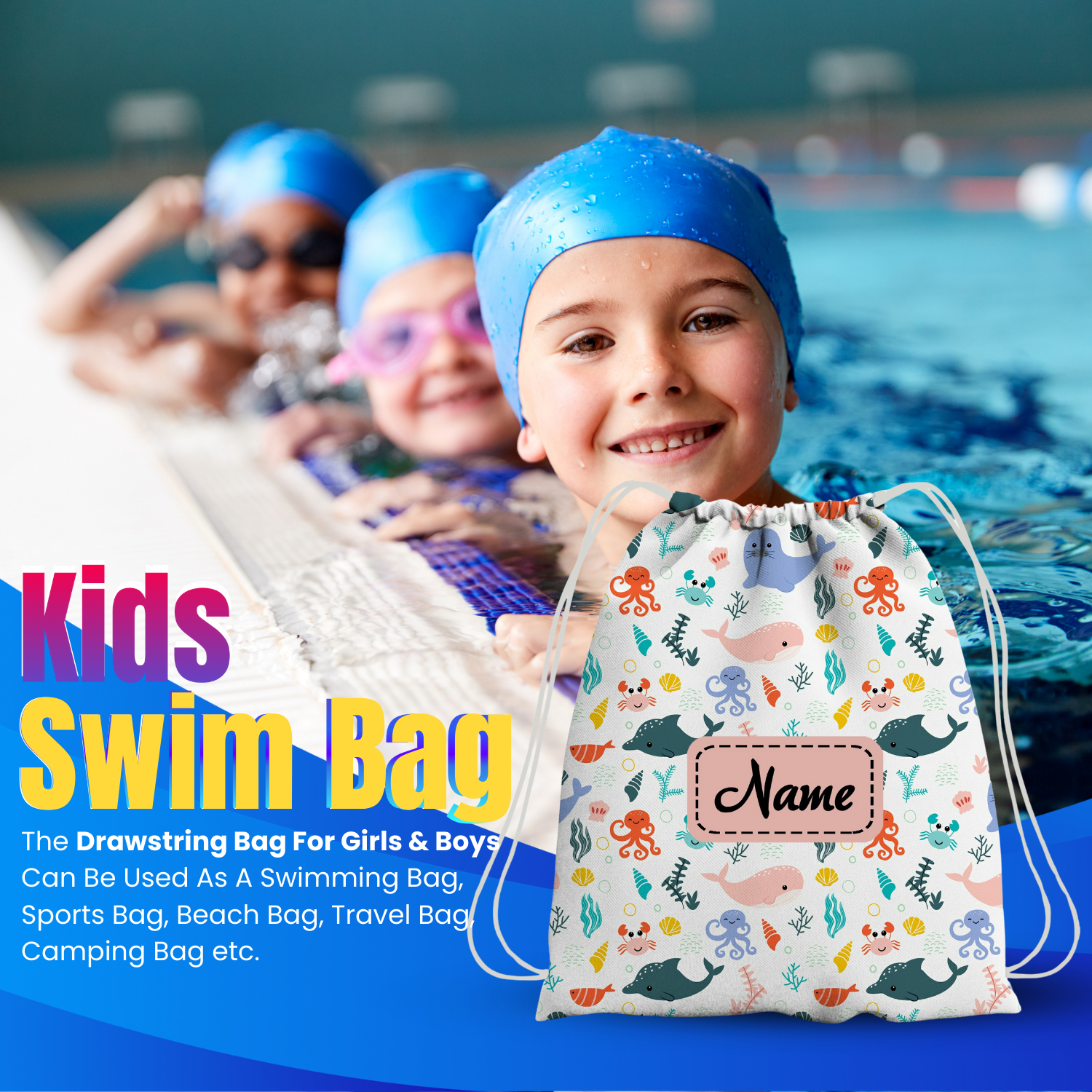 Baby of Mine Premium Waterproof Drawstring Backpack For Swimming Gym Yoga Tuition For 3-10 Years Girls And Boys - Sea Party Print