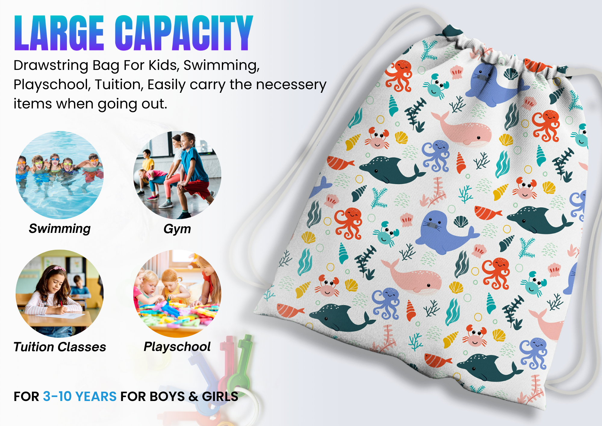Baby of Mine Premium Waterproof Drawstring Backpack For Swimming Gym Yoga Tuition For 3-10 Years Girls And Boys - Sea Party Print