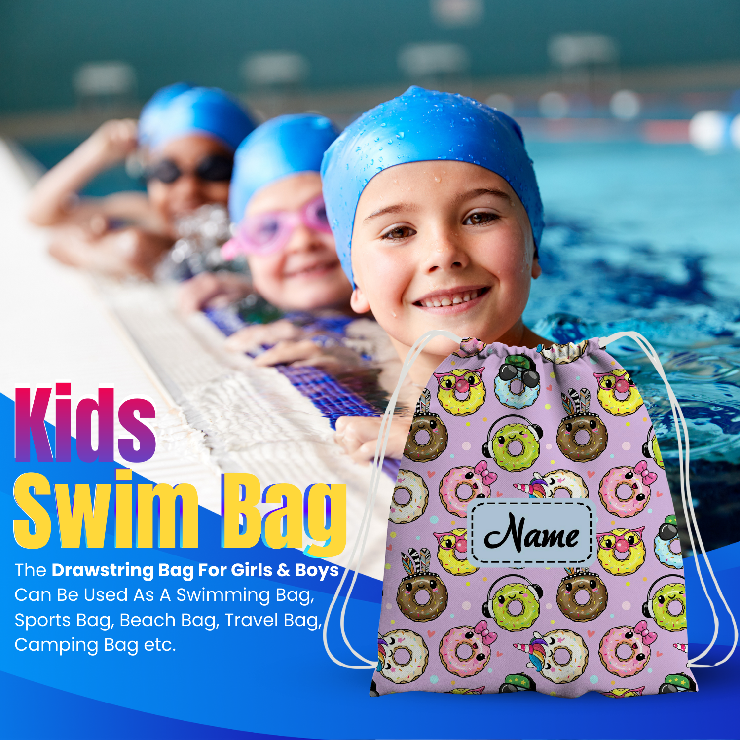 Baby of Mine Premium Waterproof Drawstring Backpack For Swimming Gym Yoga Tuition For 3-10 Years Girls And Boys - Funky Donut Print