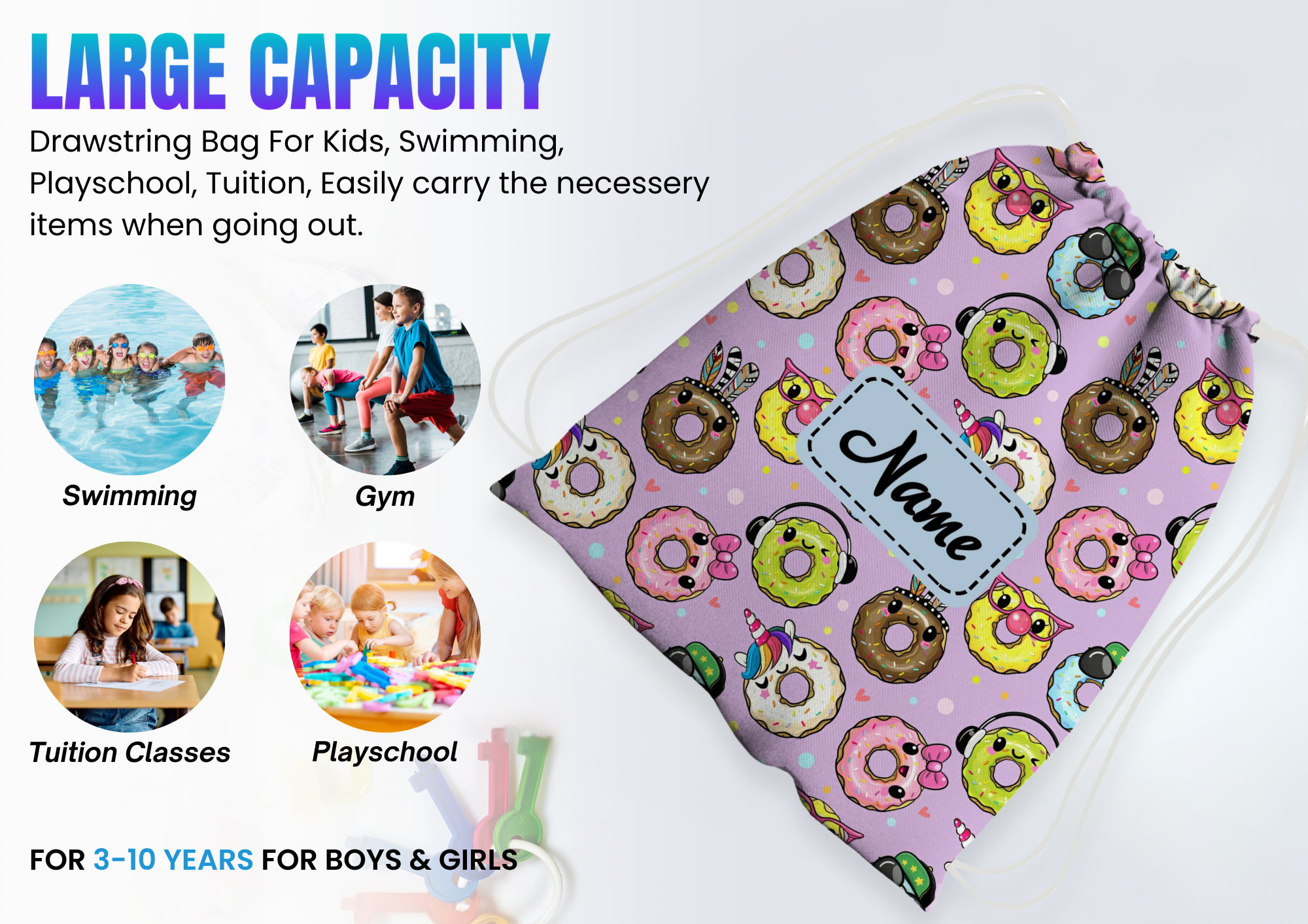 Baby of Mine Premium Waterproof Drawstring Backpack For Swimming Gym Yoga Tuition For 3-10 Years Girls And Boys - Funky Donut Print