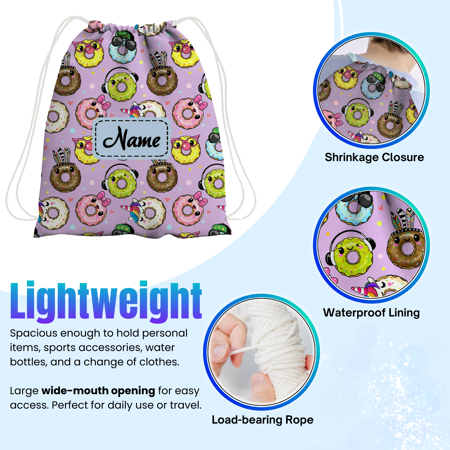 Baby of Mine Premium Waterproof Drawstring Backpack For Swimming Gym Yoga Tuition For 3-10 Years Girls And Boys - Funky Donut Print