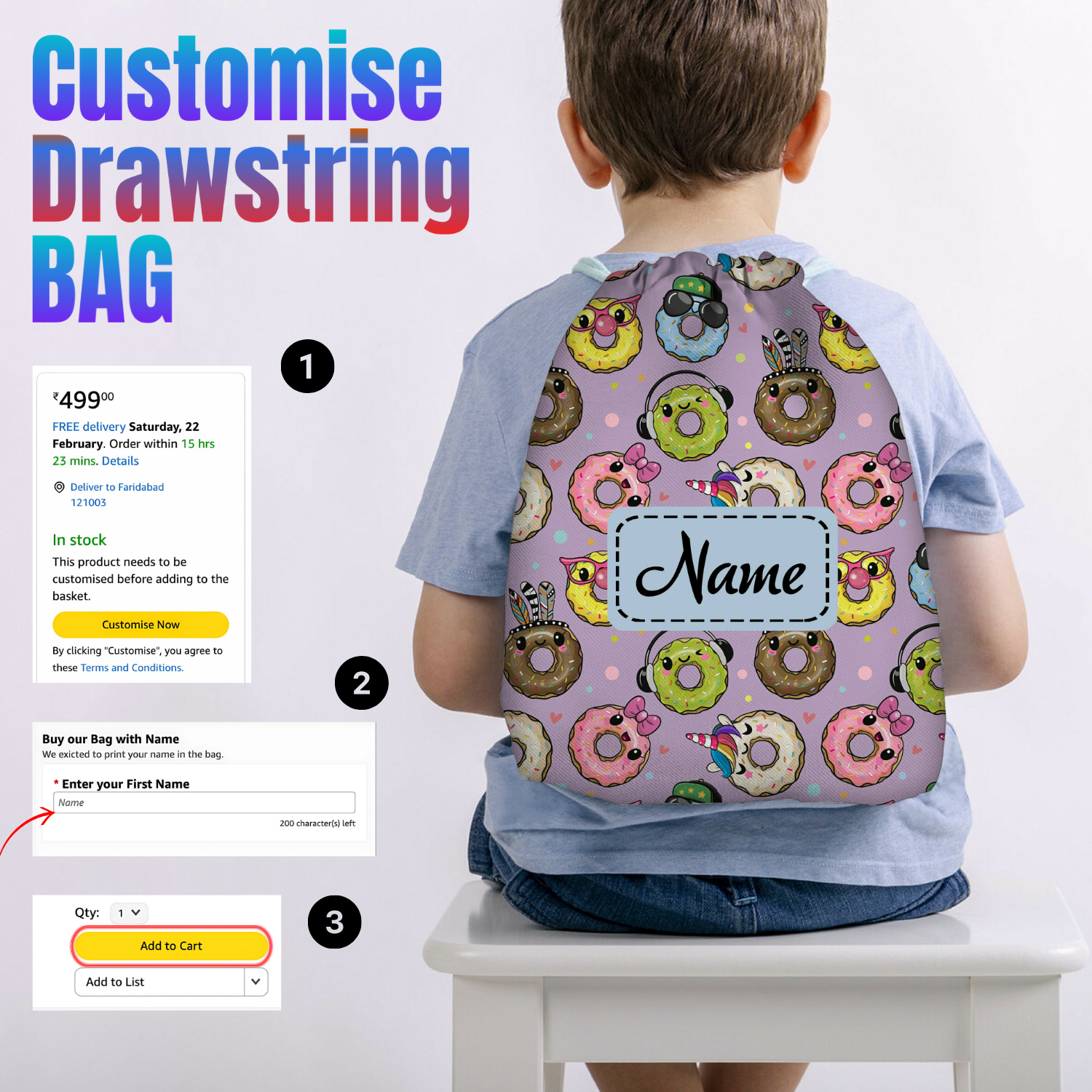 Baby of Mine Premium Waterproof Drawstring Backpack For Swimming Gym Yoga Tuition For 3-10 Years Girls And Boys - Funky Donut Print