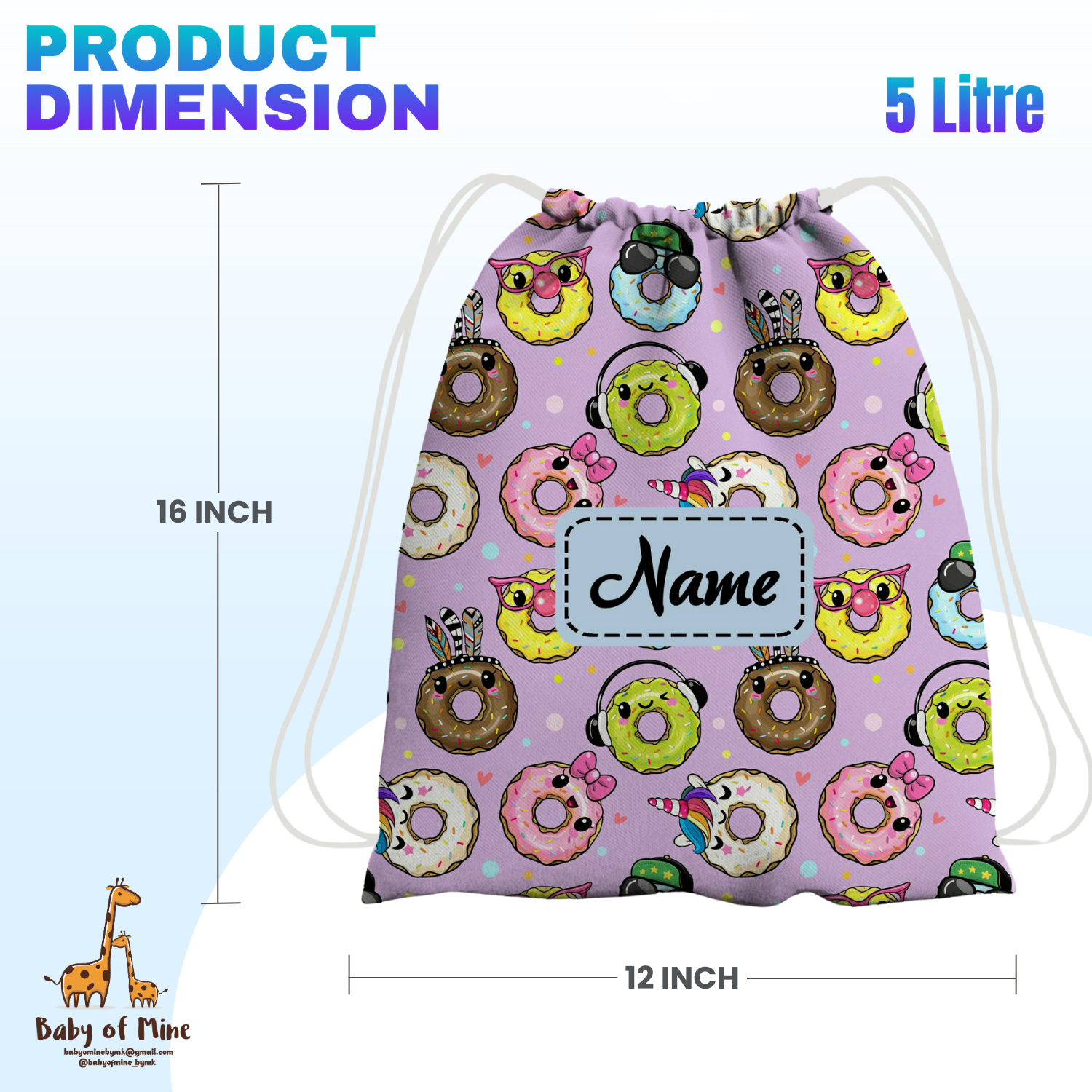Baby of Mine Premium Waterproof Drawstring Backpack For Swimming Gym Yoga Tuition For 3-10 Years Girls And Boys - Funky Donut Print