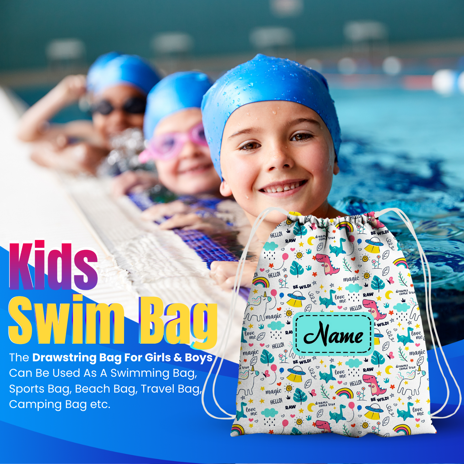 Baby of Mine Premium Waterproof Drawstring Backpack For Swimming Gym Yoga Tuition For 3-10 Years Girls And Boys - Magic Print