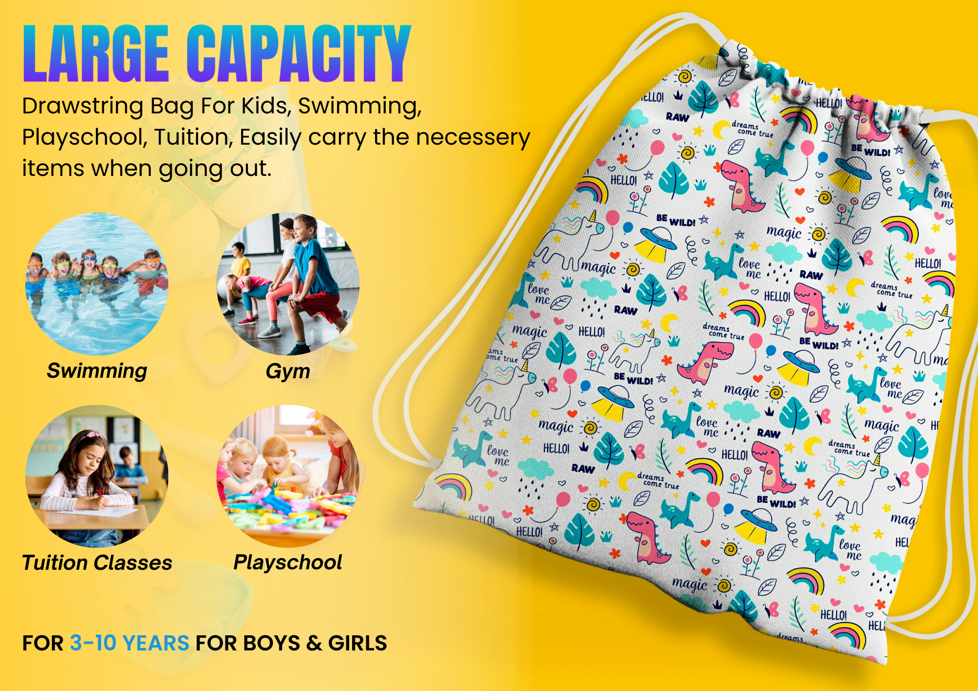 Baby of Mine Premium Waterproof Drawstring Backpack For Swimming Gym Yoga Tuition For 3-10 Years Girls And Boys - Magic Print