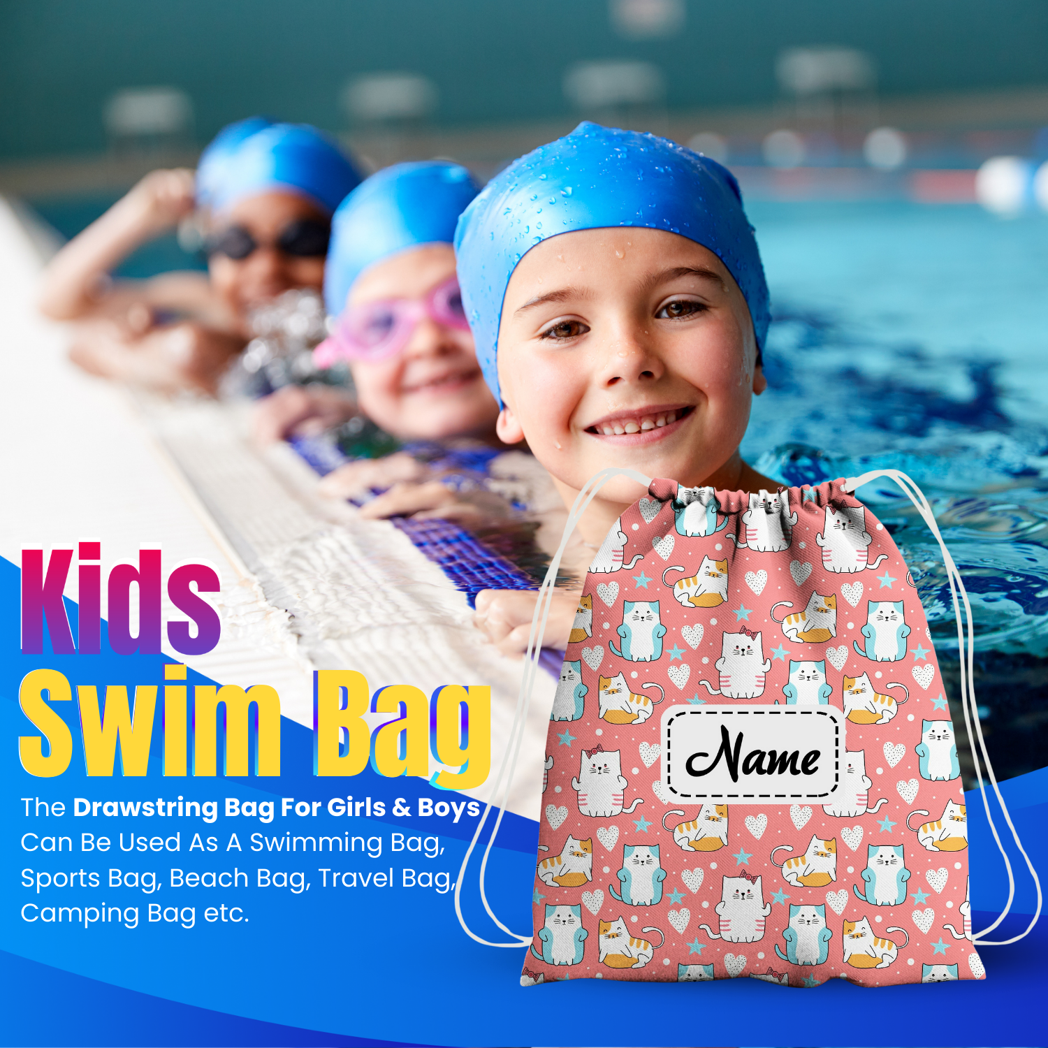 Baby of Mine Premium Waterproof Drawstring Backpack For Swimming Gym Yoga Tuition For 3-10 Years Girls And Boys - Funny Cat Print