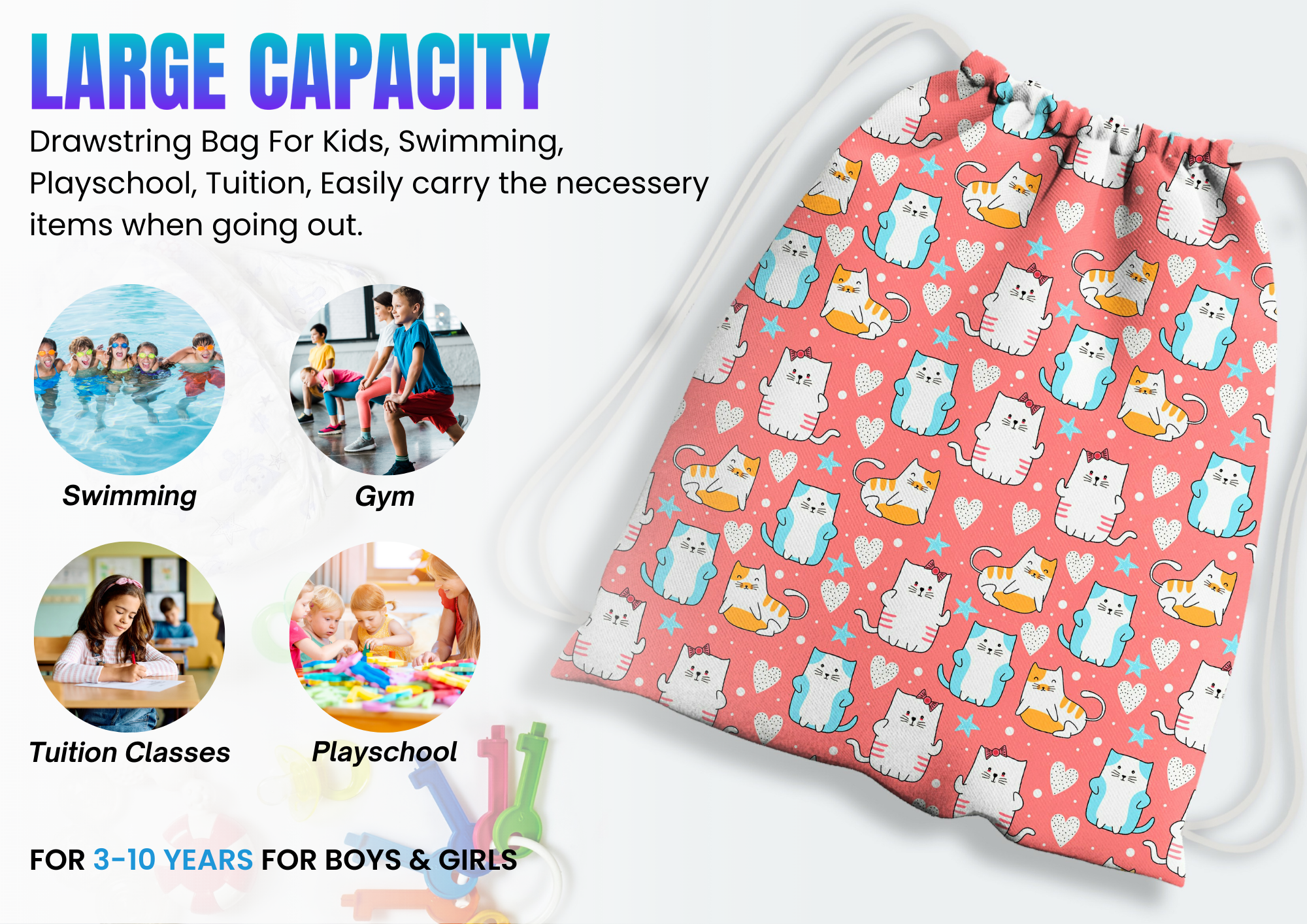 Baby of Mine Premium Waterproof Drawstring Backpack For Swimming Gym Yoga Tuition For 3-10 Years Girls And Boys - Funny Cat Print