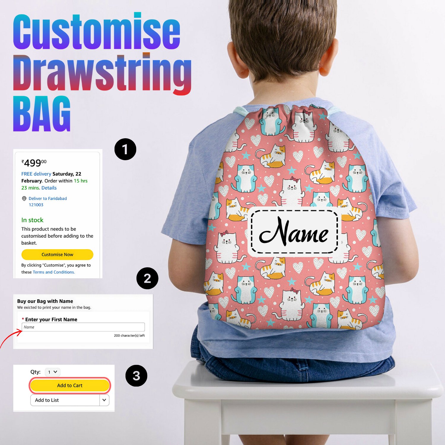 Baby of Mine Premium Waterproof Drawstring Backpack For Swimming Gym Yoga Tuition For 3-10 Years Girls And Boys - Funny Cat Print