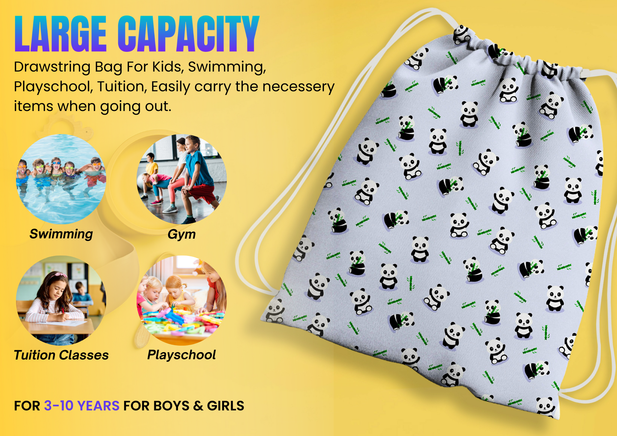 Baby of Mine Premium Waterproof Drawstring Backpack For Swimming Gym Yoga Tuition For 3-10 Years Girls And Boys - Panda Print