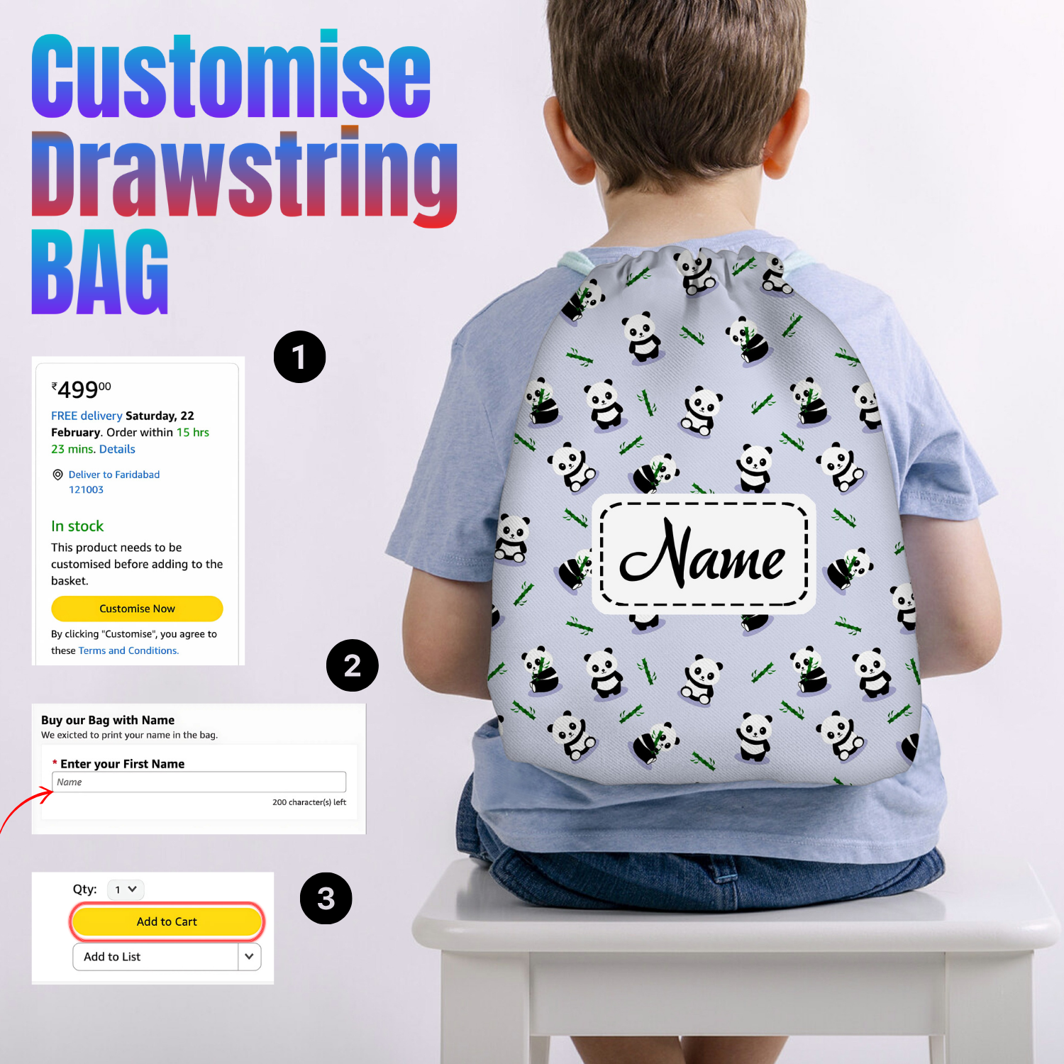 Baby of Mine Premium Waterproof Drawstring Backpack For Swimming Gym Yoga Tuition For 3-10 Years Girls And Boys - Panda Print