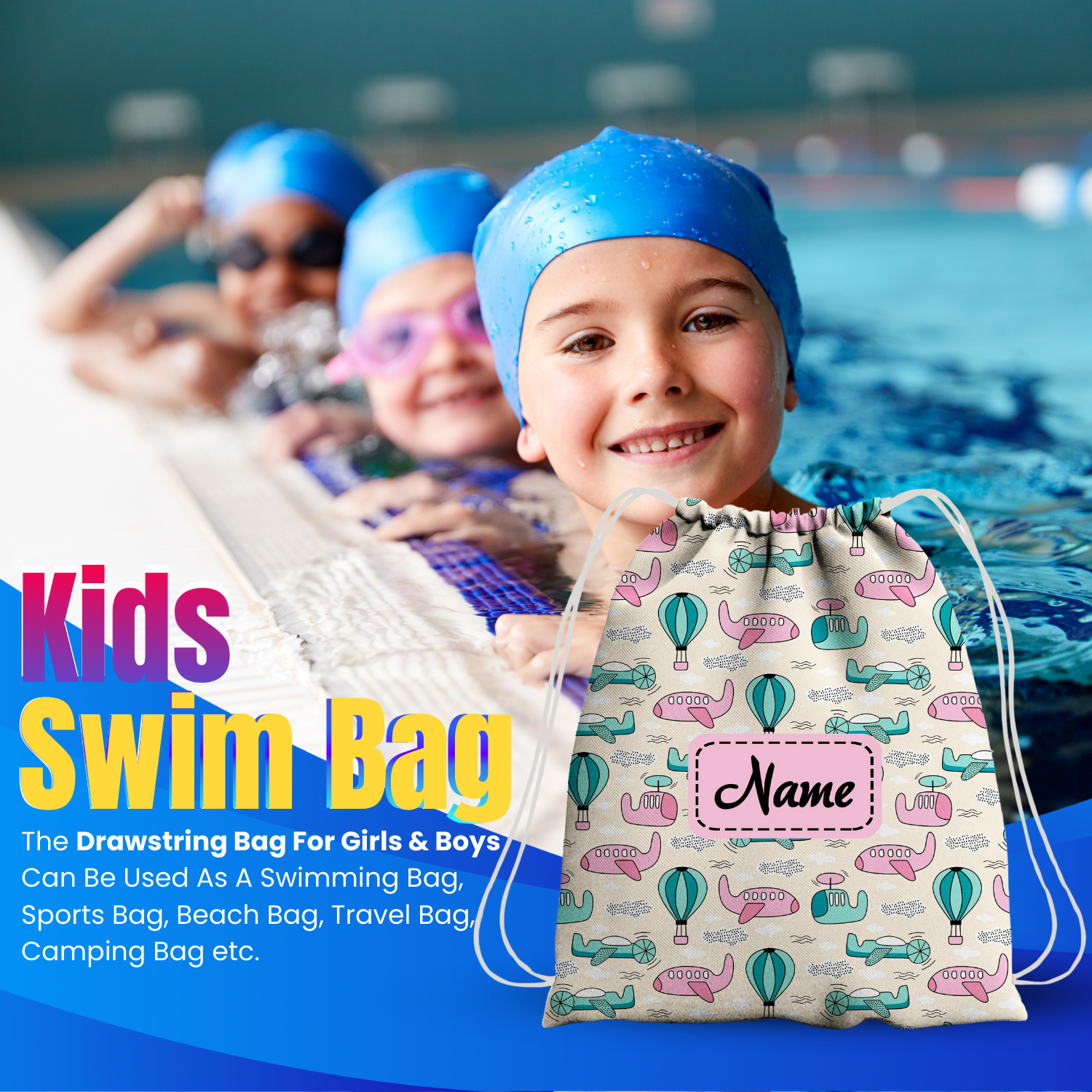 Baby of Mine Premium Waterproof Drawstring Backpack For Swimming Gym Yoga Tuition For 3-10 Years Girls And Boys - Hot Air Balloon Print