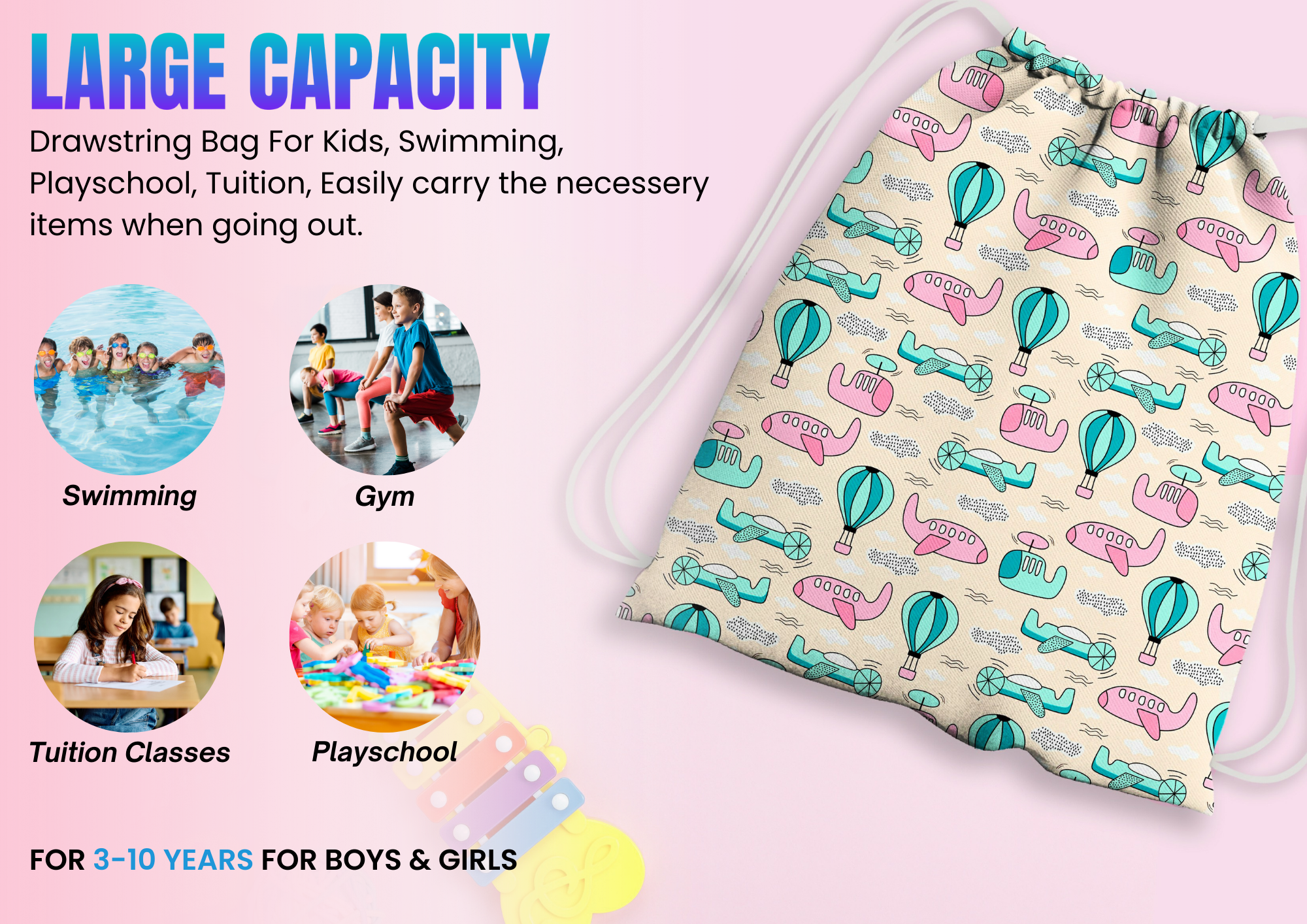 Baby of Mine Premium Waterproof Drawstring Backpack For Swimming Gym Yoga Tuition For 3-10 Years Girls And Boys - Hot Air Balloon Print