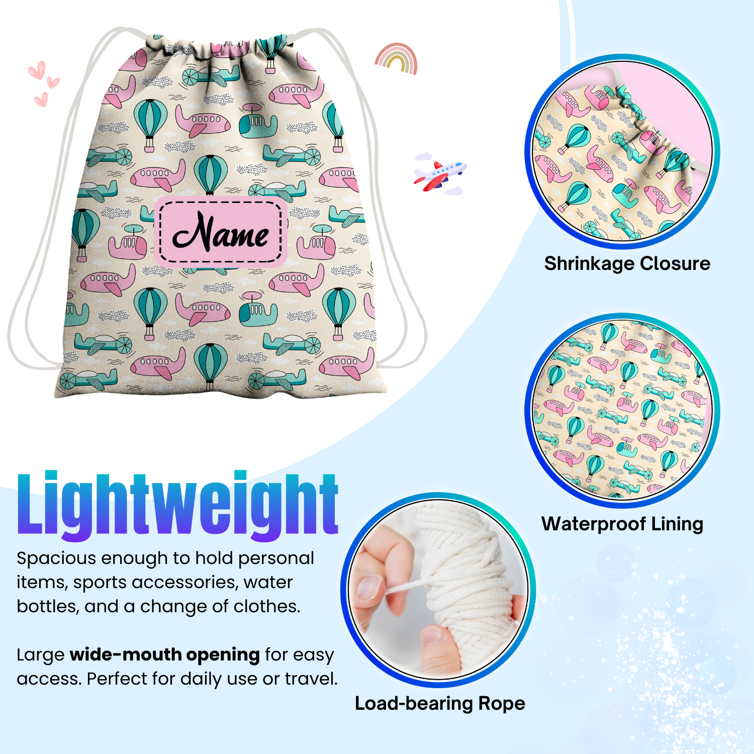 Baby of Mine Premium Waterproof Drawstring Backpack For Swimming Gym Yoga Tuition For 3-10 Years Girls And Boys - Hot Air Balloon Print