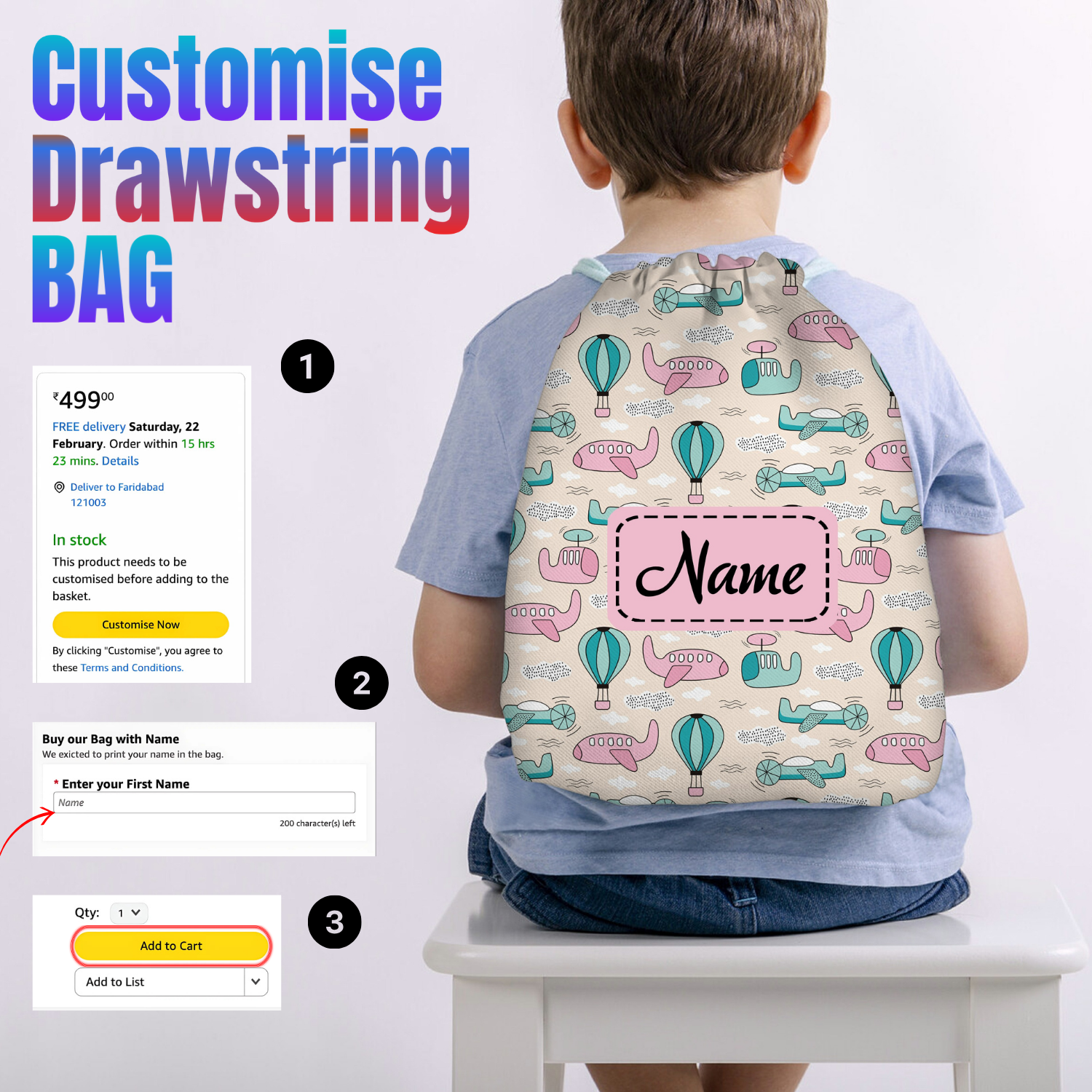 Baby of Mine Premium Waterproof Drawstring Backpack For Swimming Gym Yoga Tuition For 3-10 Years Girls And Boys - Hot Air Balloon Print