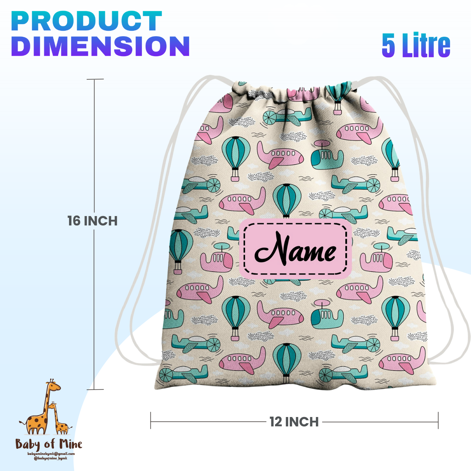Baby of Mine Premium Waterproof Drawstring Backpack For Swimming Gym Yoga Tuition For 3-10 Years Girls And Boys - Hot Air Balloon Print