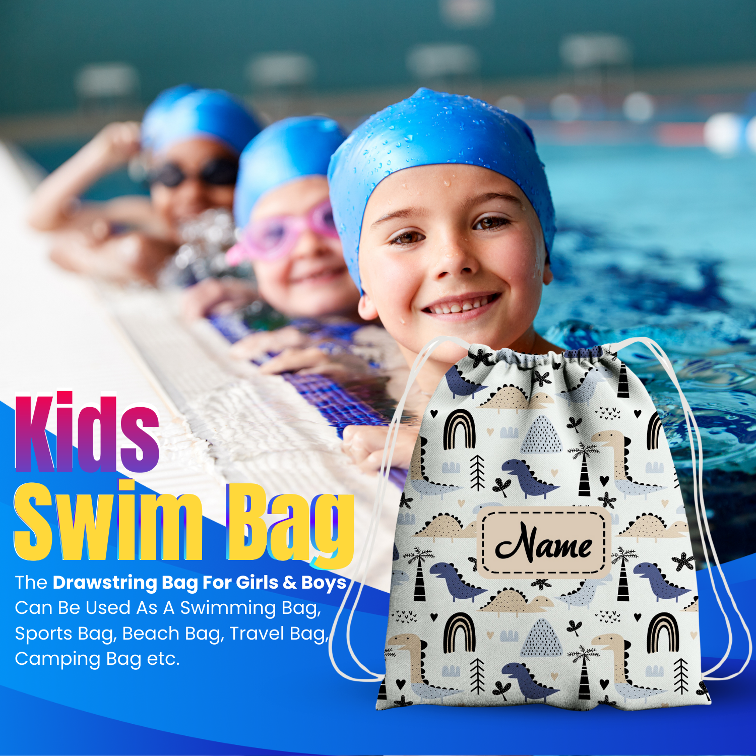 Baby of Mine Premium Waterproof Drawstring Backpack For Swimming Gym Yoga Tuition For 3-10 Years Girls And Boys - Dinosaur World Print