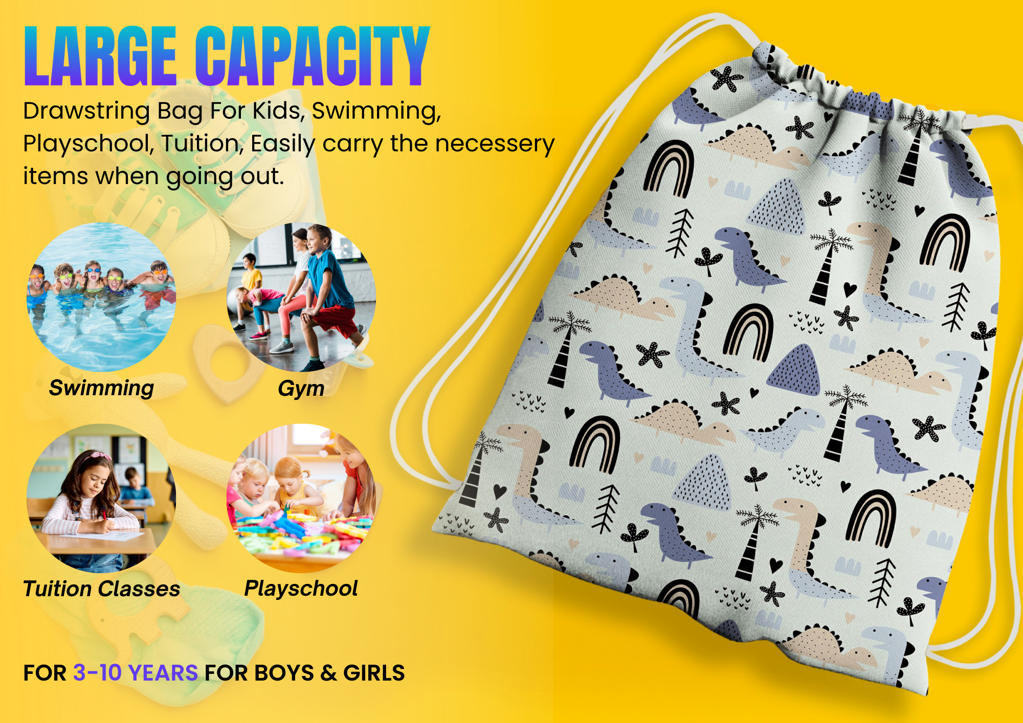 Baby of Mine Premium Waterproof Drawstring Backpack For Swimming Gym Yoga Tuition For 3-10 Years Girls And Boys - Dinosaur World Print