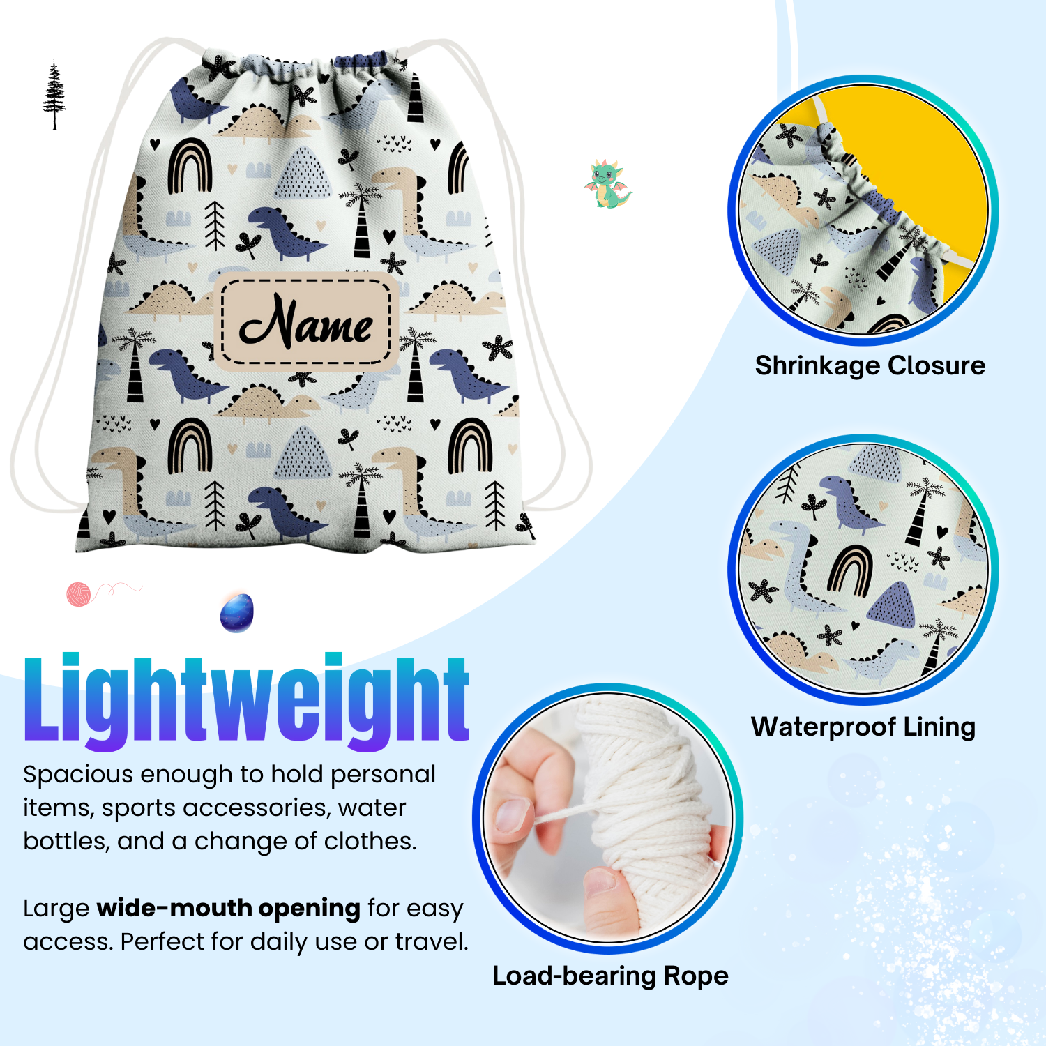 Baby of Mine Premium Waterproof Drawstring Backpack For Swimming Gym Yoga Tuition For 3-10 Years Girls And Boys - Dinosaur World Print