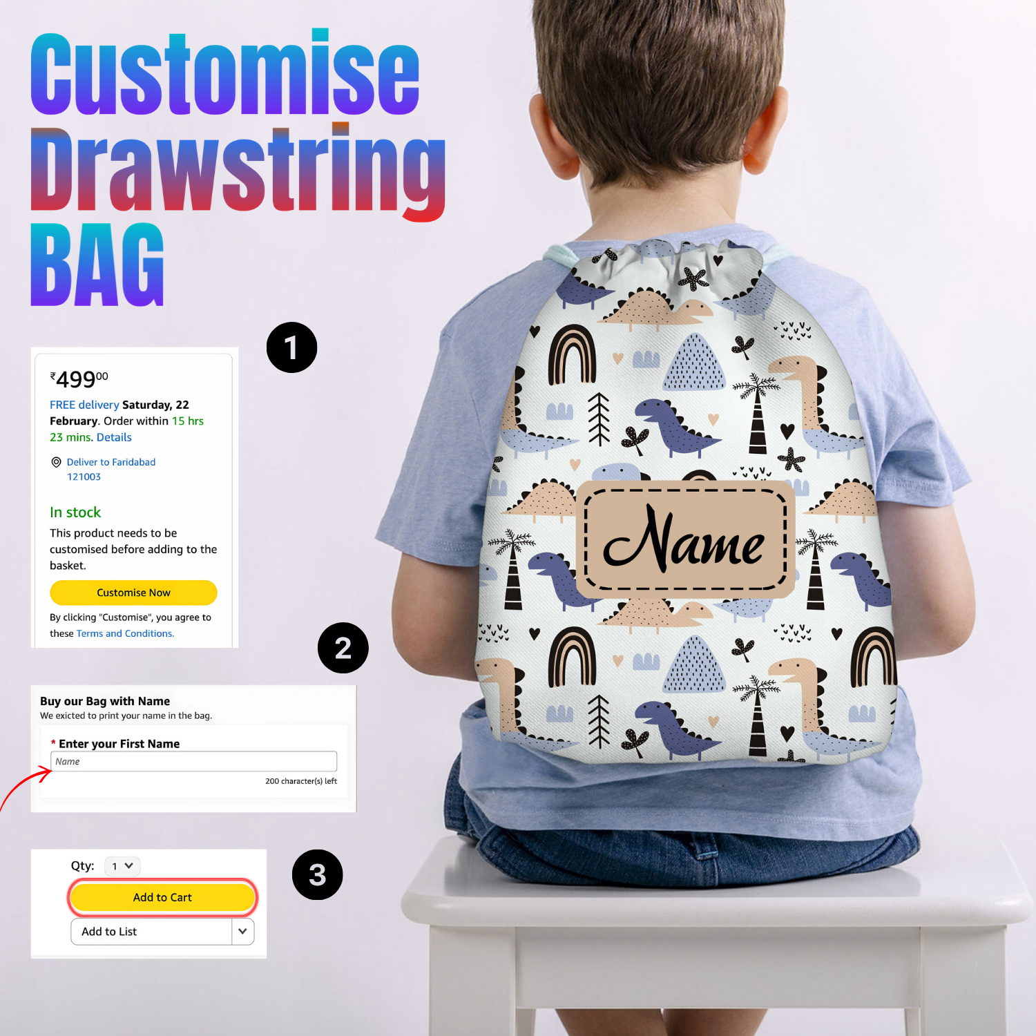 Baby of Mine Premium Waterproof Drawstring Backpack For Swimming Gym Yoga Tuition For 3-10 Years Girls And Boys - Dinosaur World Print