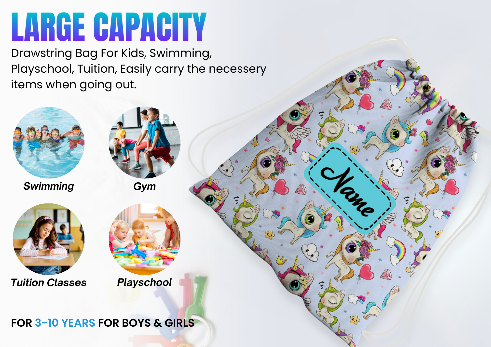 Baby of Mine Premium Waterproof Drawstring Backpack For Swimming Gym Yoga Tuition For 3-10 Years Girls And Boys - Rainbow Unicorn Print