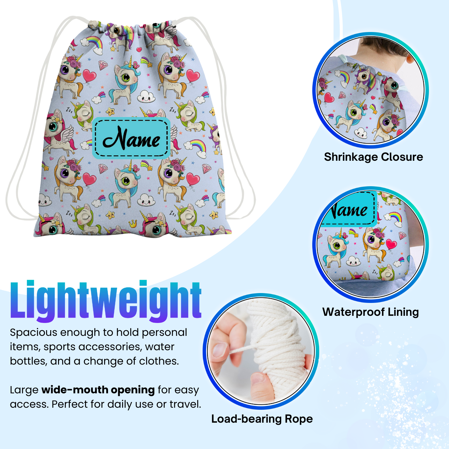 Baby of Mine Premium Waterproof Drawstring Backpack For Swimming Gym Yoga Tuition For 3-10 Years Girls And Boys - Rainbow Unicorn Print