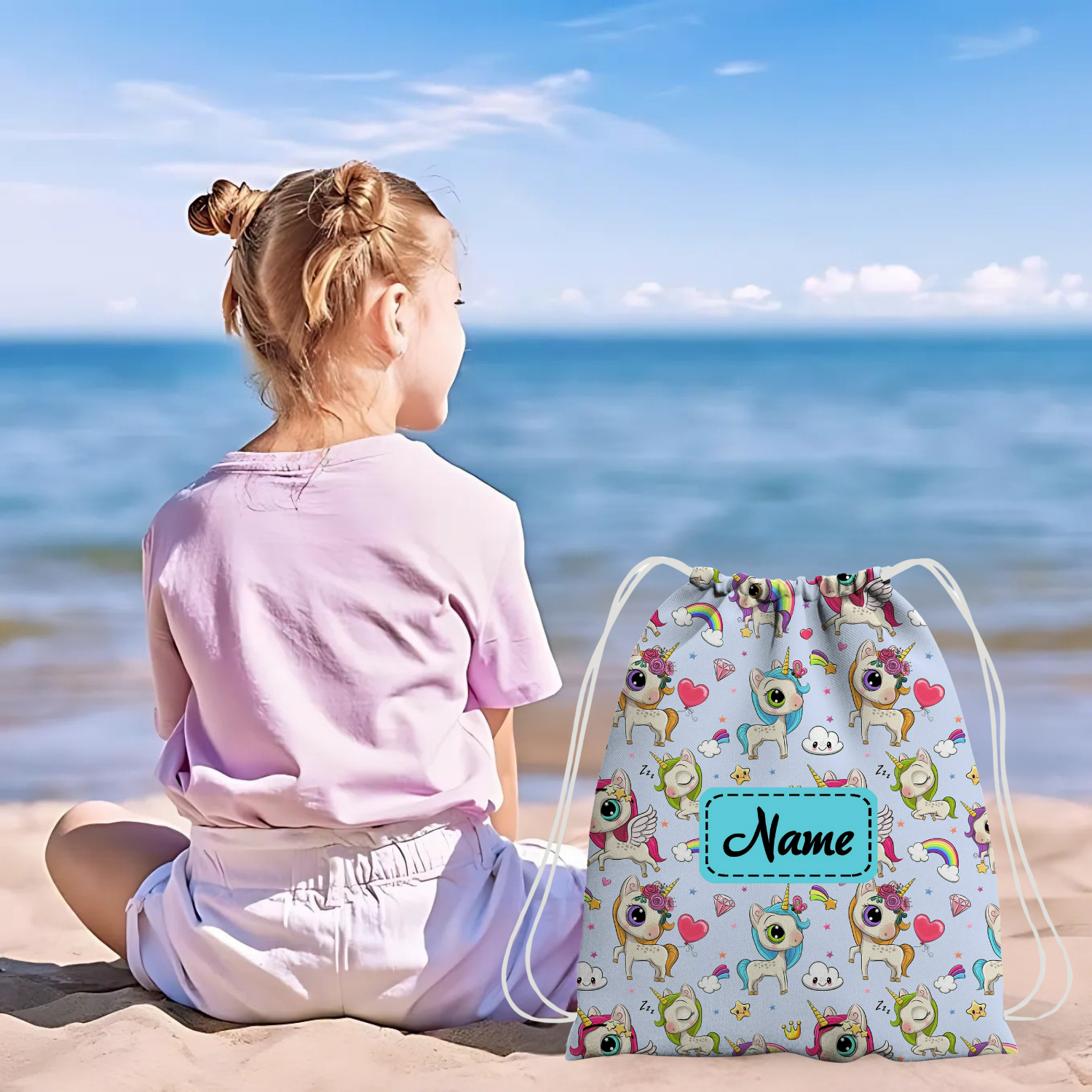 Baby of Mine Premium Waterproof Drawstring Backpack For Swimming Gym Yoga Tuition For 3-10 Years Girls And Boys - Rainbow Unicorn Print