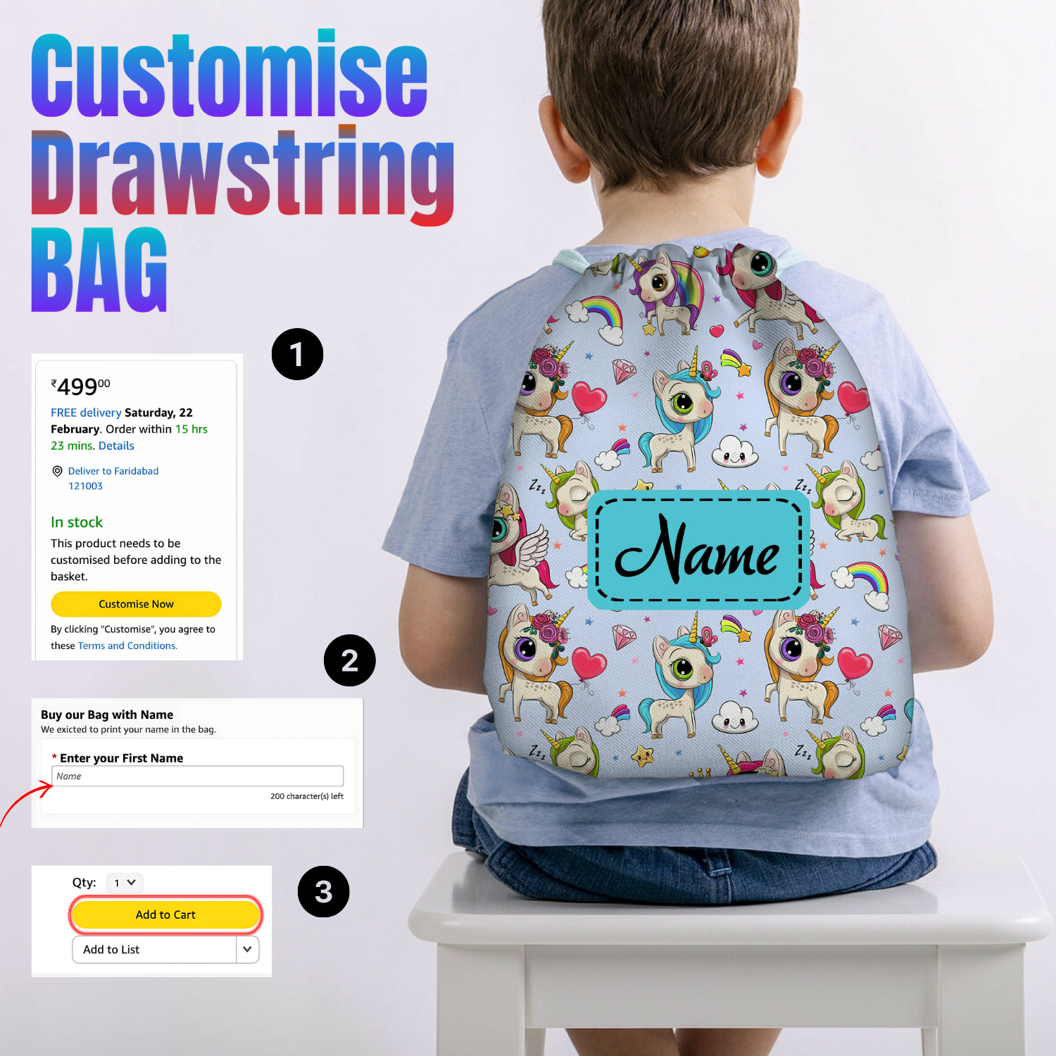 Baby of Mine Premium Waterproof Drawstring Backpack For Swimming Gym Yoga Tuition For 3-10 Years Girls And Boys - Rainbow Unicorn Print