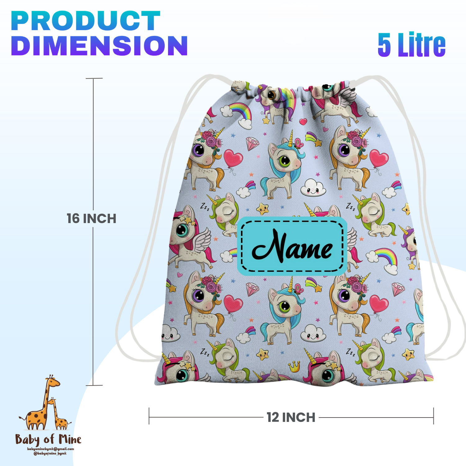 Baby of Mine Premium Waterproof Drawstring Backpack For Swimming Gym Yoga Tuition For 3-10 Years Girls And Boys - Rainbow Unicorn Print
