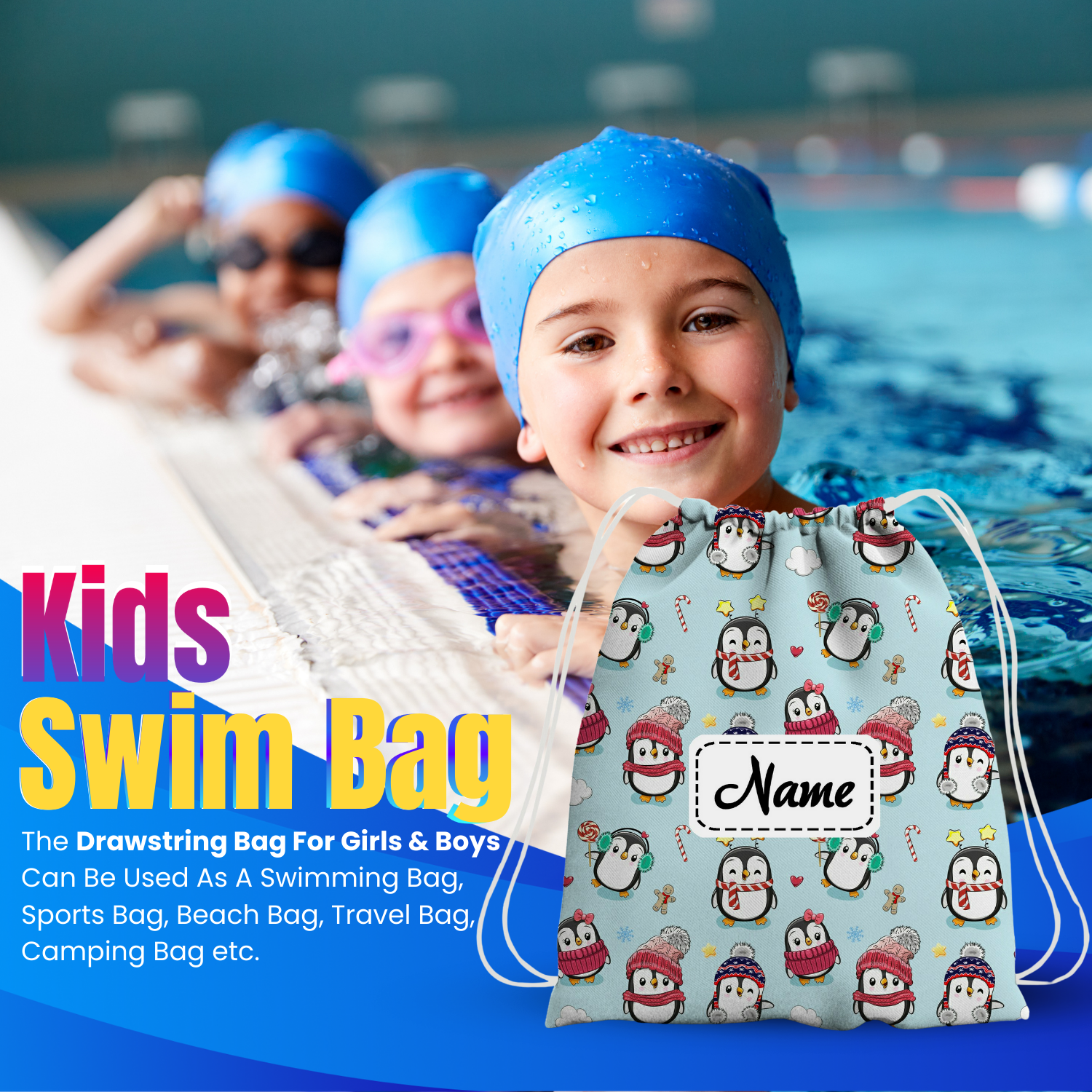 Baby of Mine Premium Waterproof Drawstring Backpack For Swimming Gym Yoga Tuition For 3-10 Years Girls And Boys - Ice Penguins Print