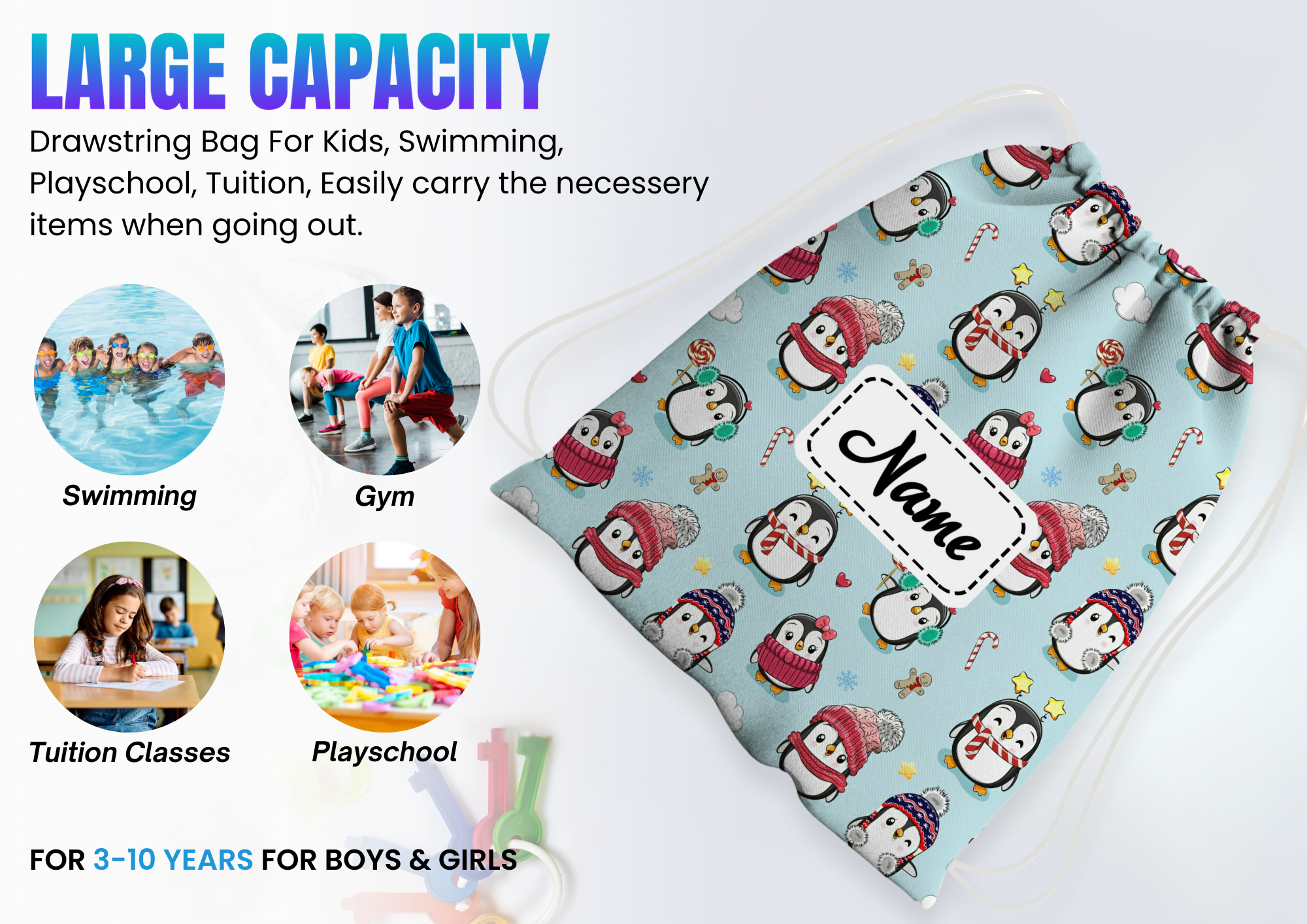 Baby of Mine Premium Waterproof Drawstring Backpack For Swimming Gym Yoga Tuition For 3-10 Years Girls And Boys - Ice Penguins Print