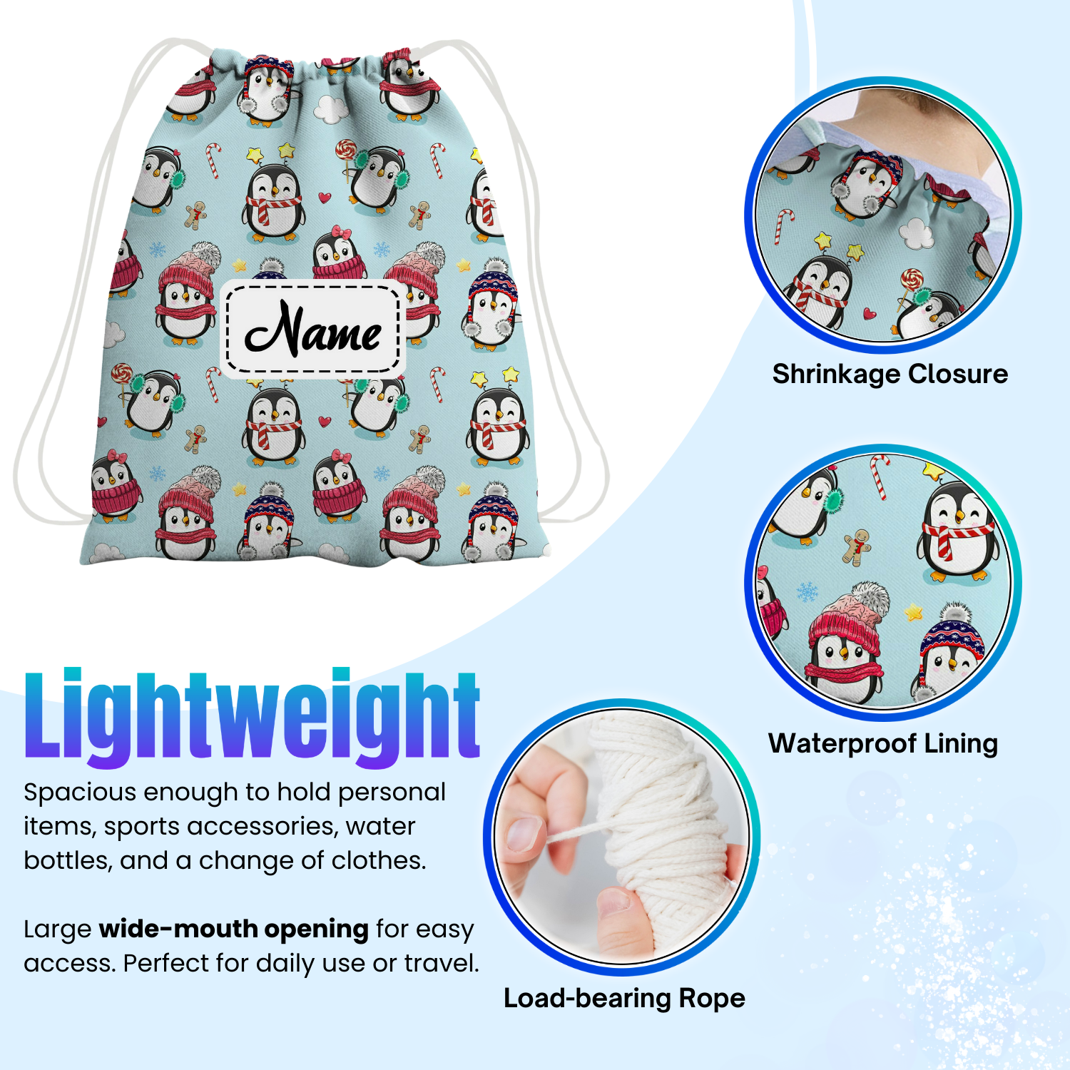 Baby of Mine Premium Waterproof Drawstring Backpack For Swimming Gym Yoga Tuition For 3-10 Years Girls And Boys - Ice Penguins Print