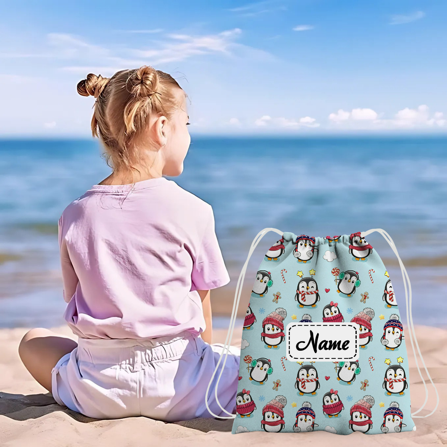 Baby of Mine Premium Waterproof Drawstring Backpack For Swimming Gym Yoga Tuition For 3-10 Years Girls And Boys - Ice Penguins Print