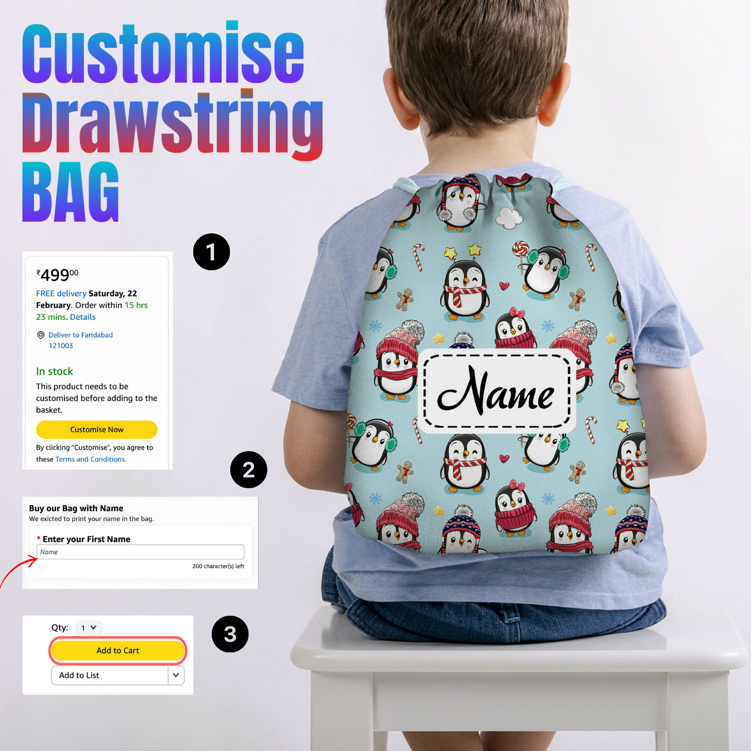 Baby of Mine Premium Waterproof Drawstring Backpack For Swimming Gym Yoga Tuition For 3-10 Years Girls And Boys - Ice Penguins Print