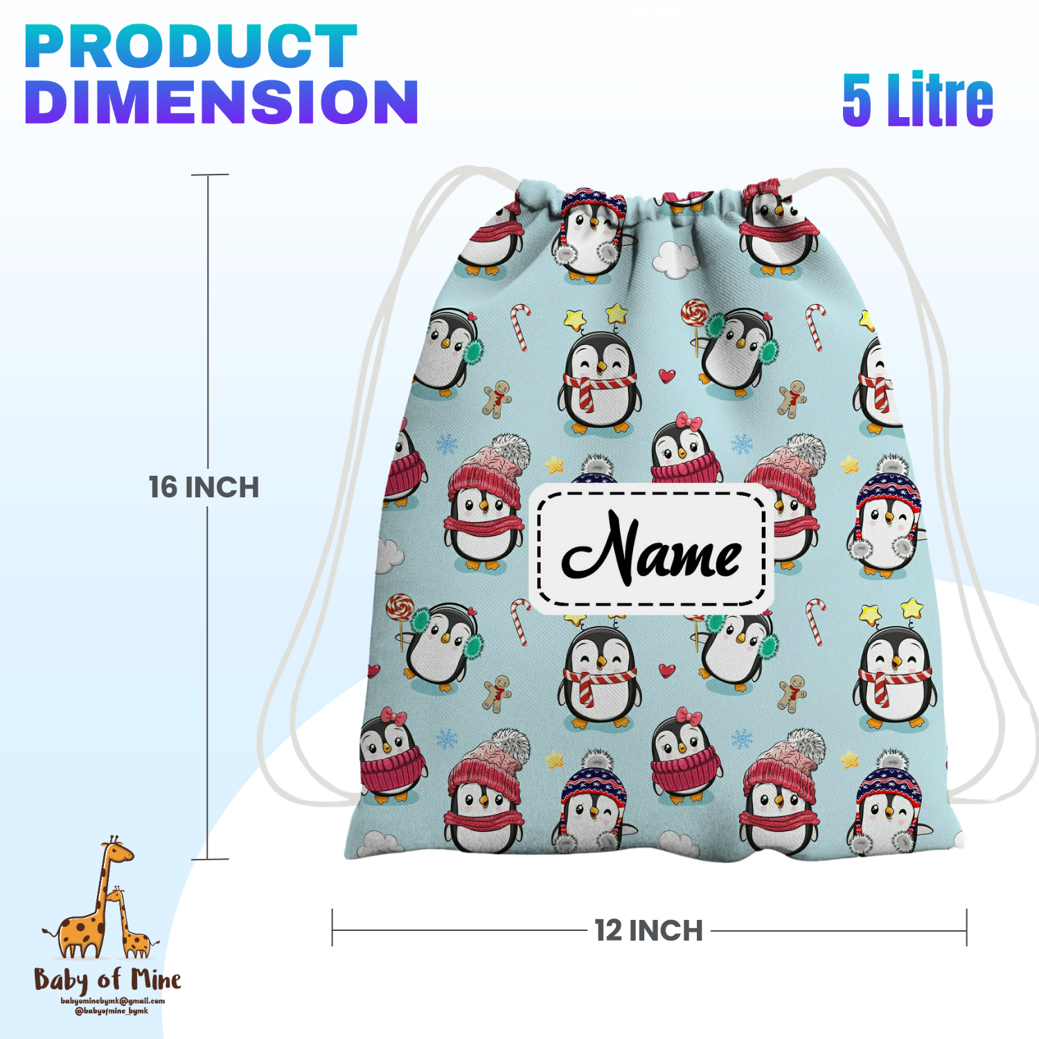 Baby of Mine Premium Waterproof Drawstring Backpack For Swimming Gym Yoga Tuition For 3-10 Years Girls And Boys - Ice Penguins Print