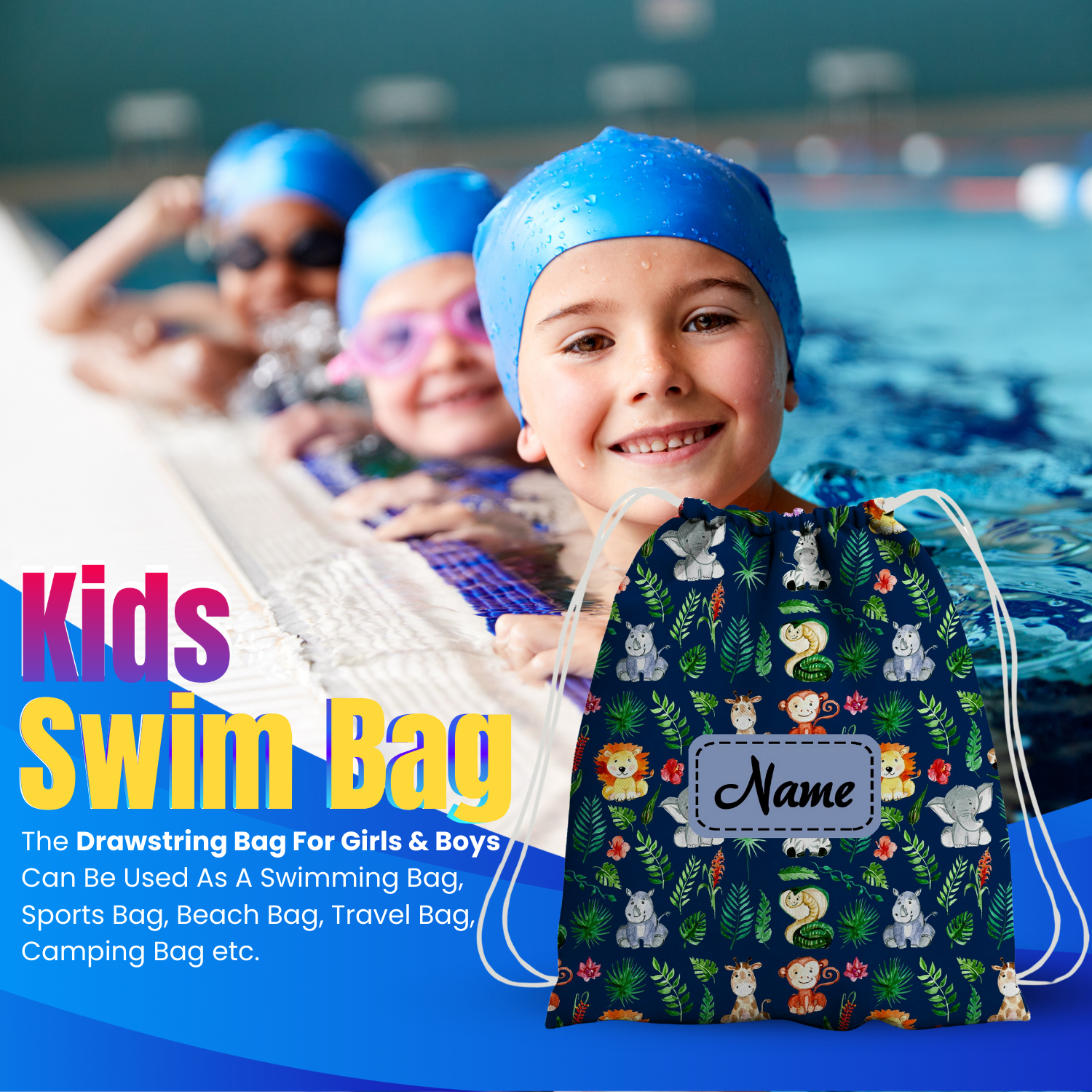 Baby of Mine Premium Waterproof Drawstring Backpack For Swimming Gym Yoga Tuition For 3-10 Years Girls And Boys - Jungle Animals Print